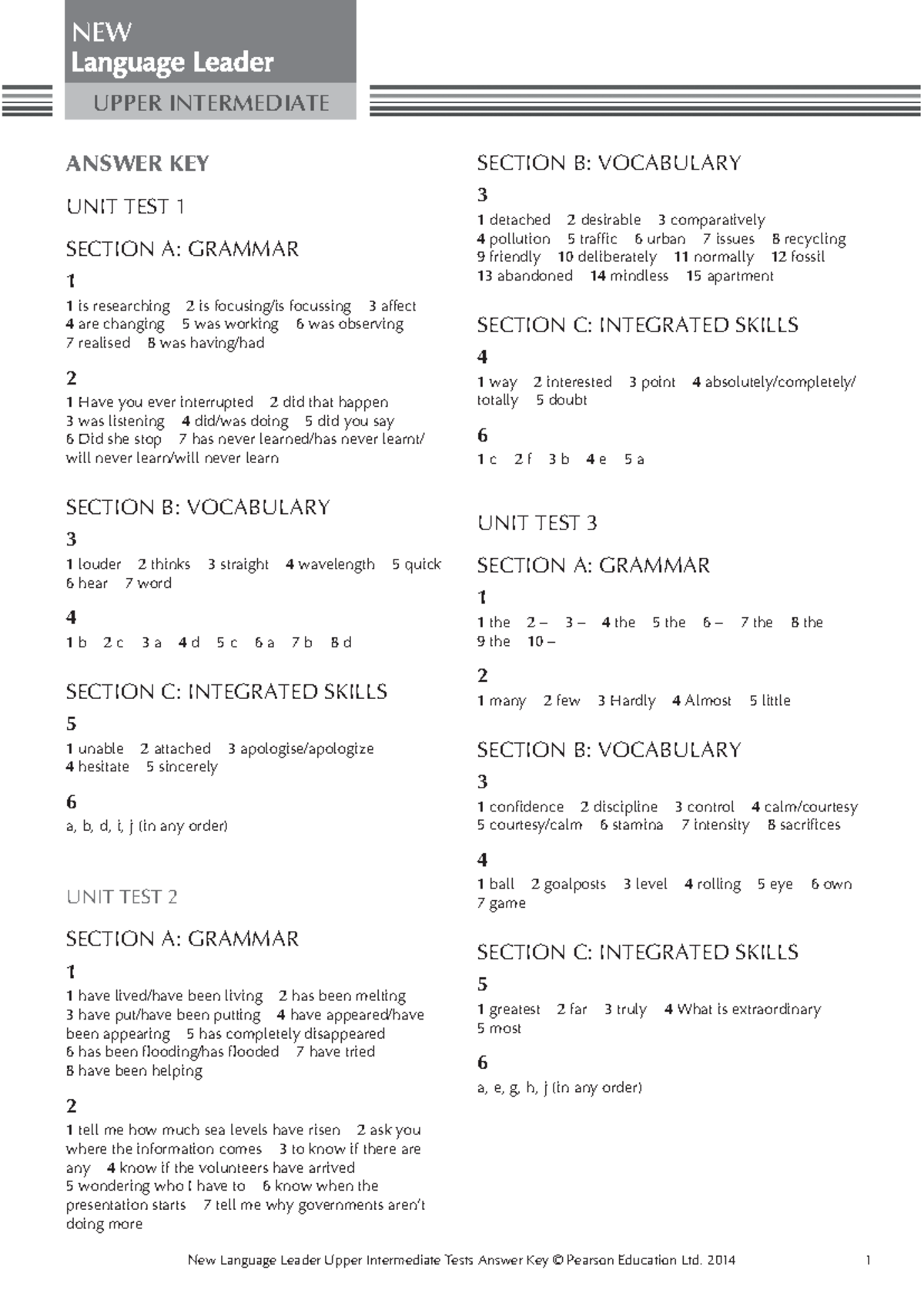 Answer Key for Unit Tests in Upper Intermediate Course - Studocu