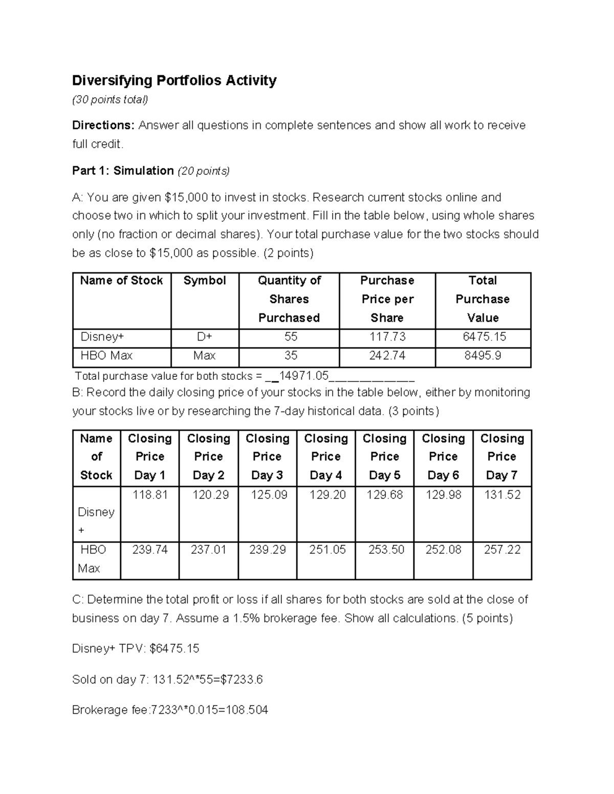 Diversifying Portfolios Activity (30 pts) - Stock Investment Simulation ...
