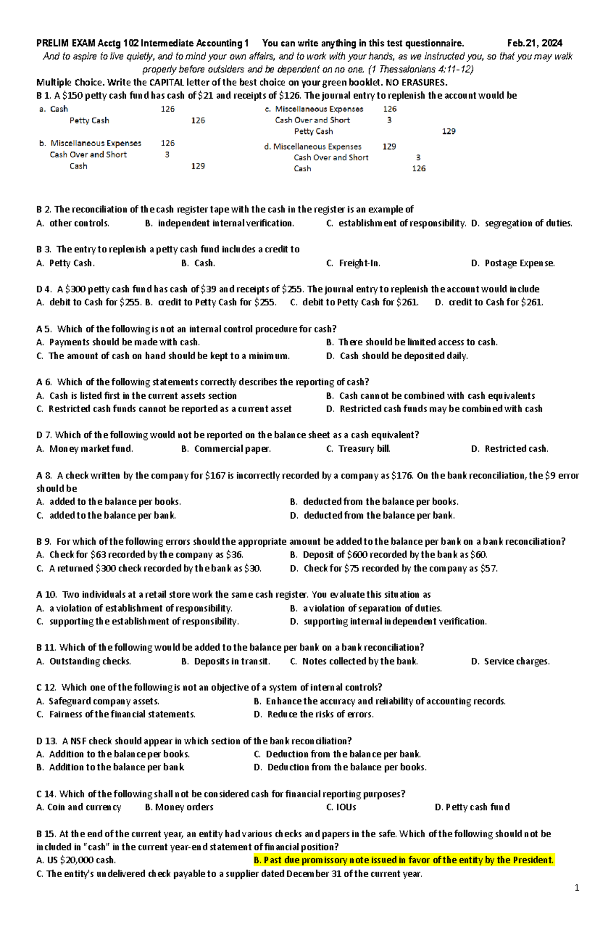 PRELIM EXAM Acctg 102 Intermediate Accounting 1 Answer Key - Studocu