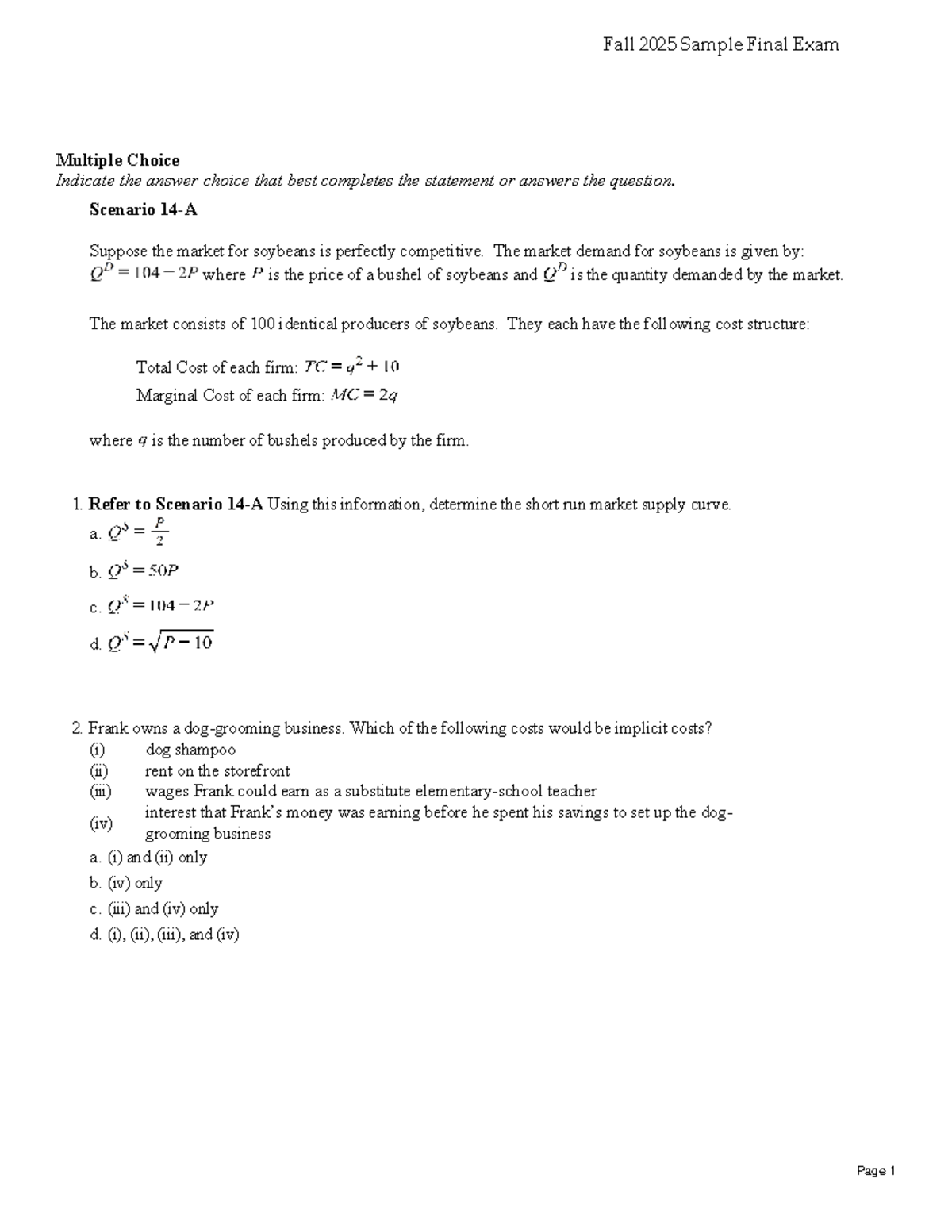 Fall 2025 Sample Final Exam - Economics - Studocu