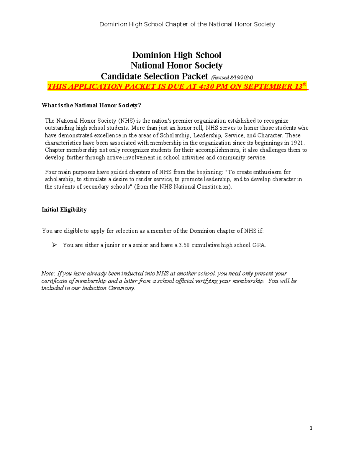 NHS Candidate Selection Packet for Dominion High School 2024-2025 - Studocu