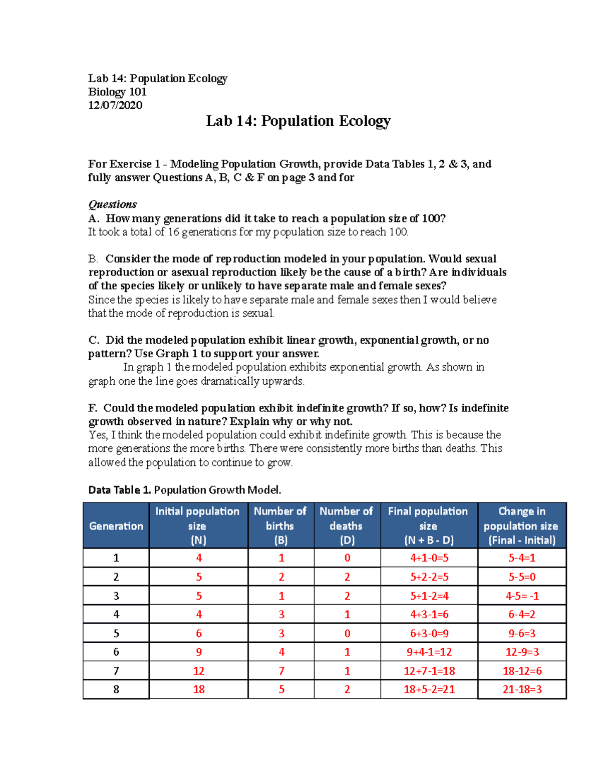 Lab 14: Population Ecology Analysis - Bio 101 - Studocu