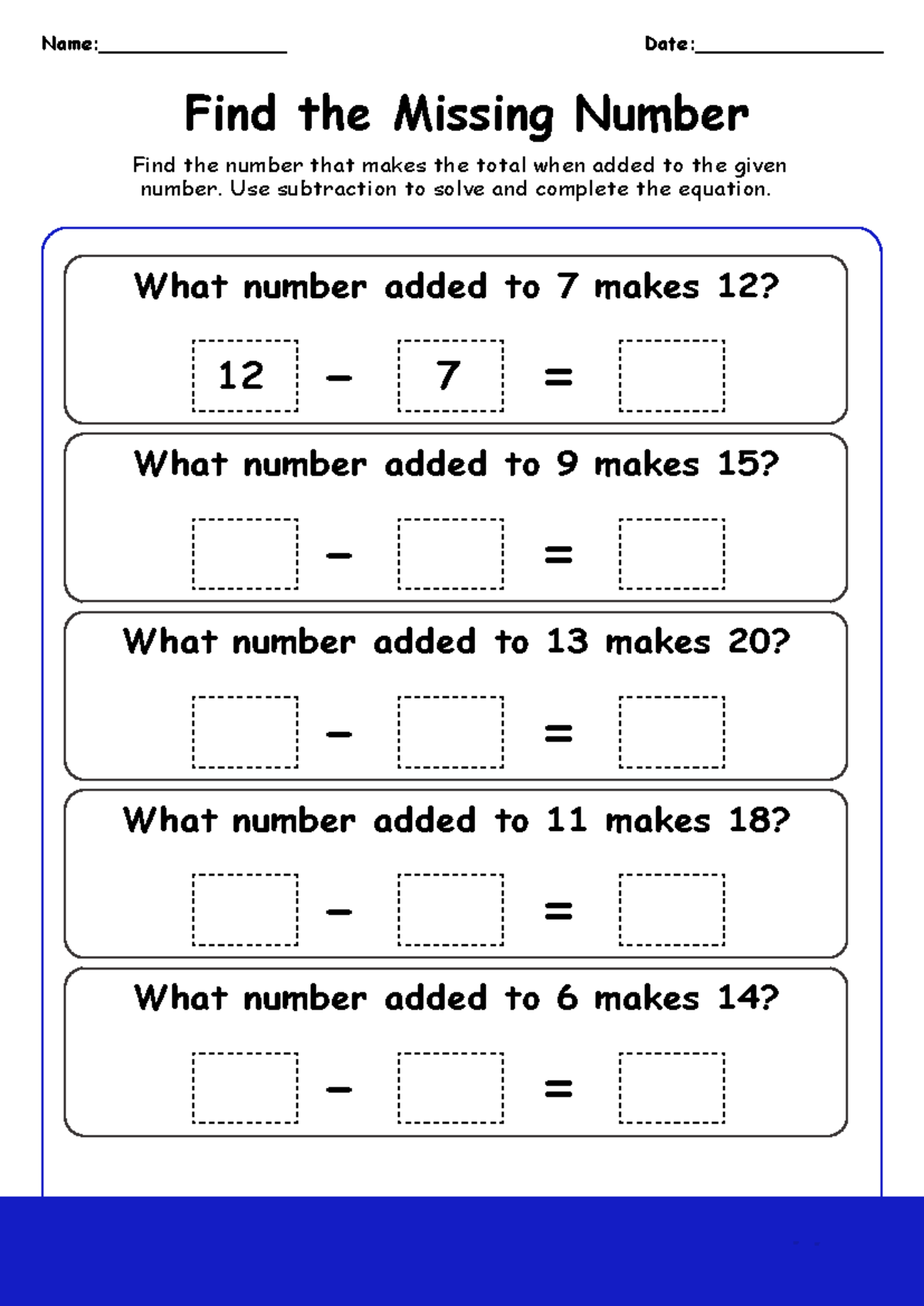 Subtraction to Find the Total - 1st Grade Worksheet - Name: Date: Find ...