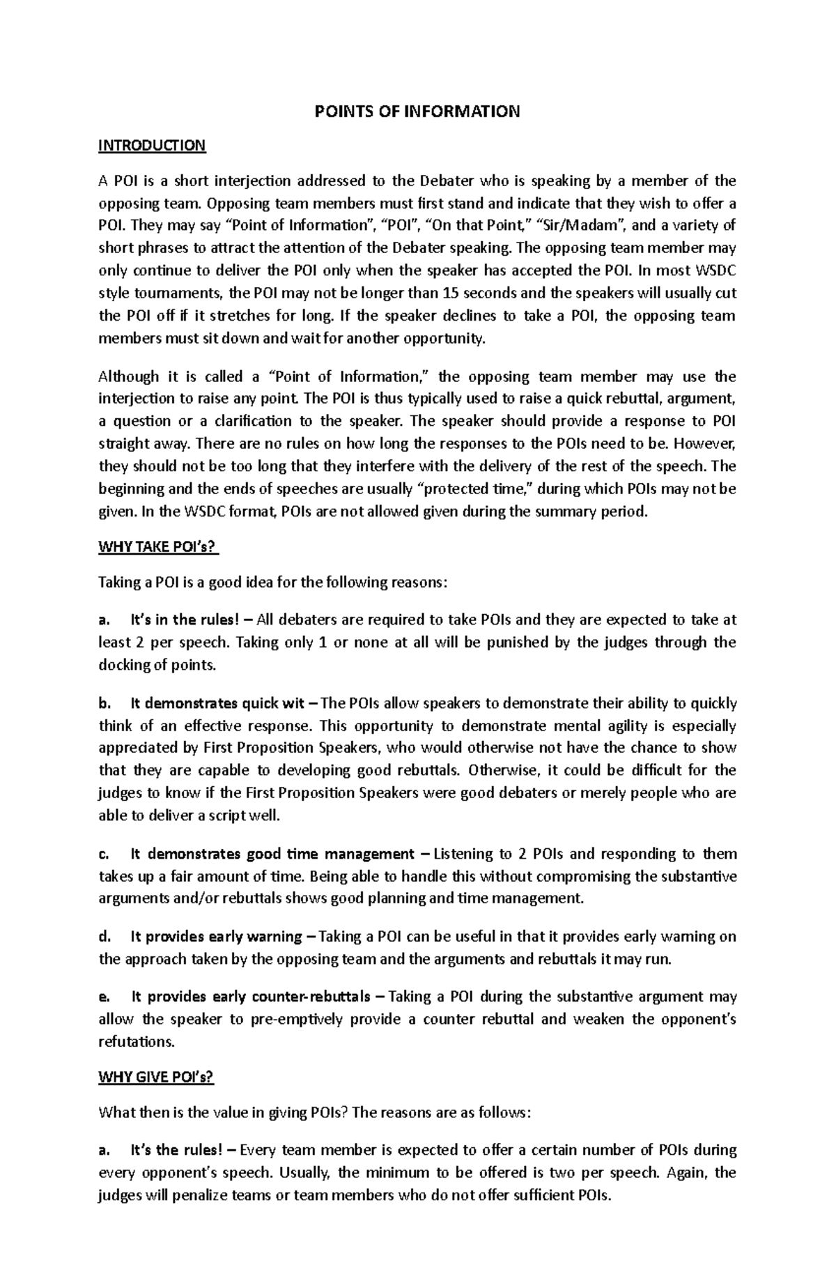 POI Notes for Effective Debating Techniques and Strategies - Studocu