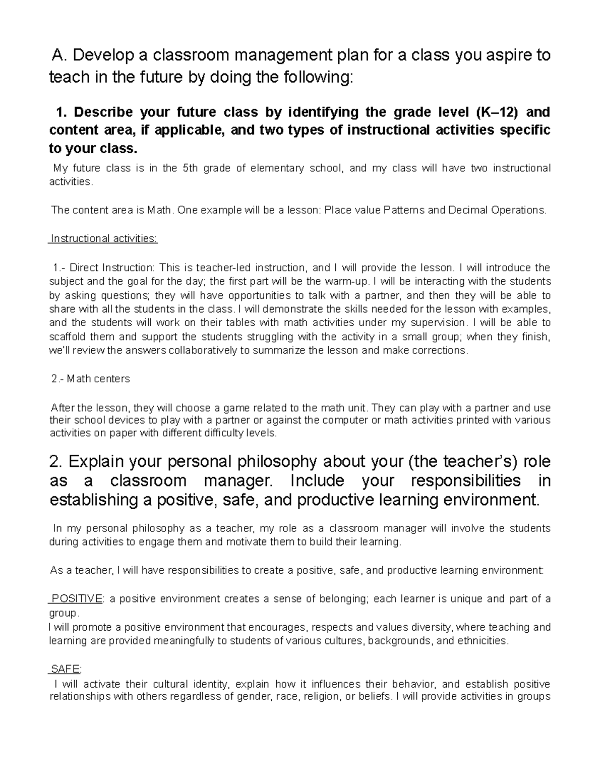 Task 1 D170 Classroom Management Plan - A. Develop a classroom ...