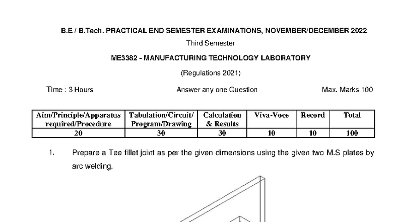 ME3382 Manufacturing Technology Lab End Sem Exam 2022 - Studocu