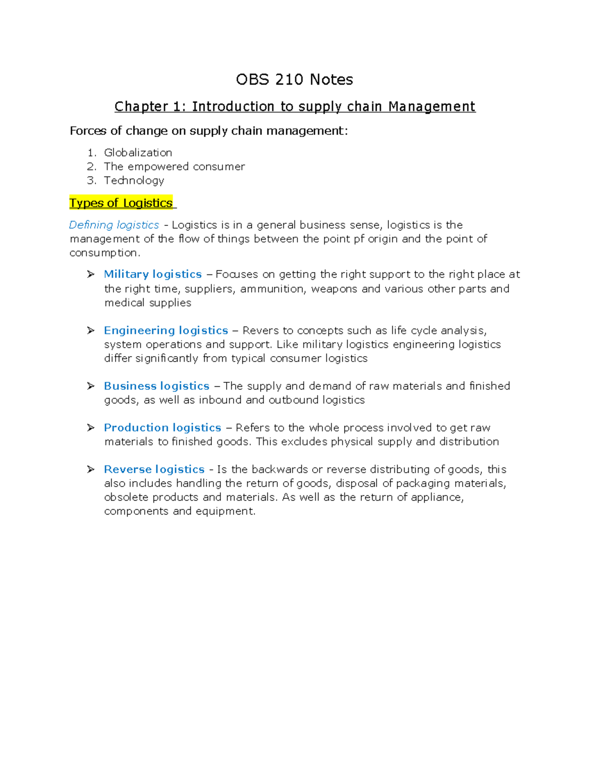 OBS 210 - Chapter 1: Intro to Supply Chain Management Notes - Studocu