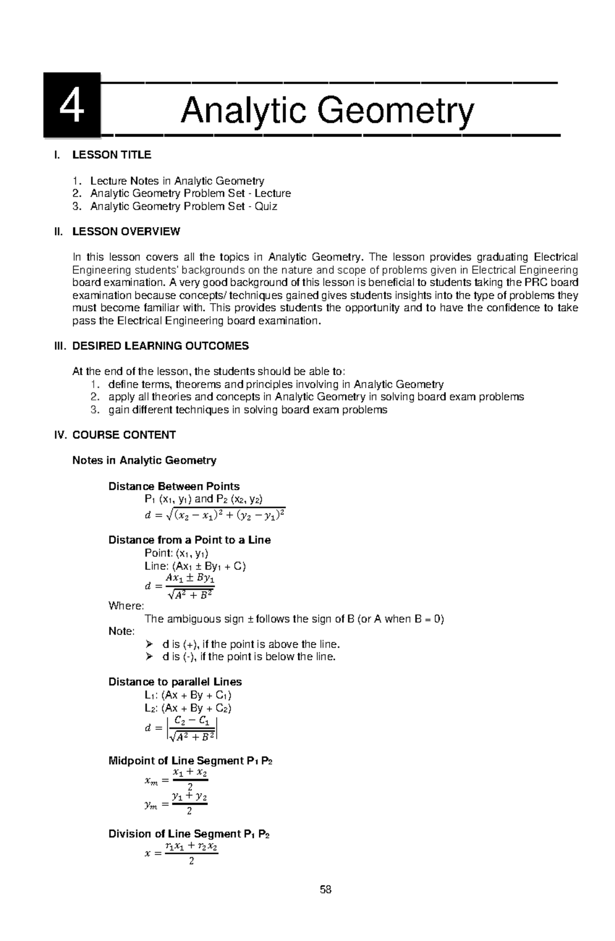 Module 4: Lecture Notes & Problem Set in Analytic Geometry (EE 301 ...