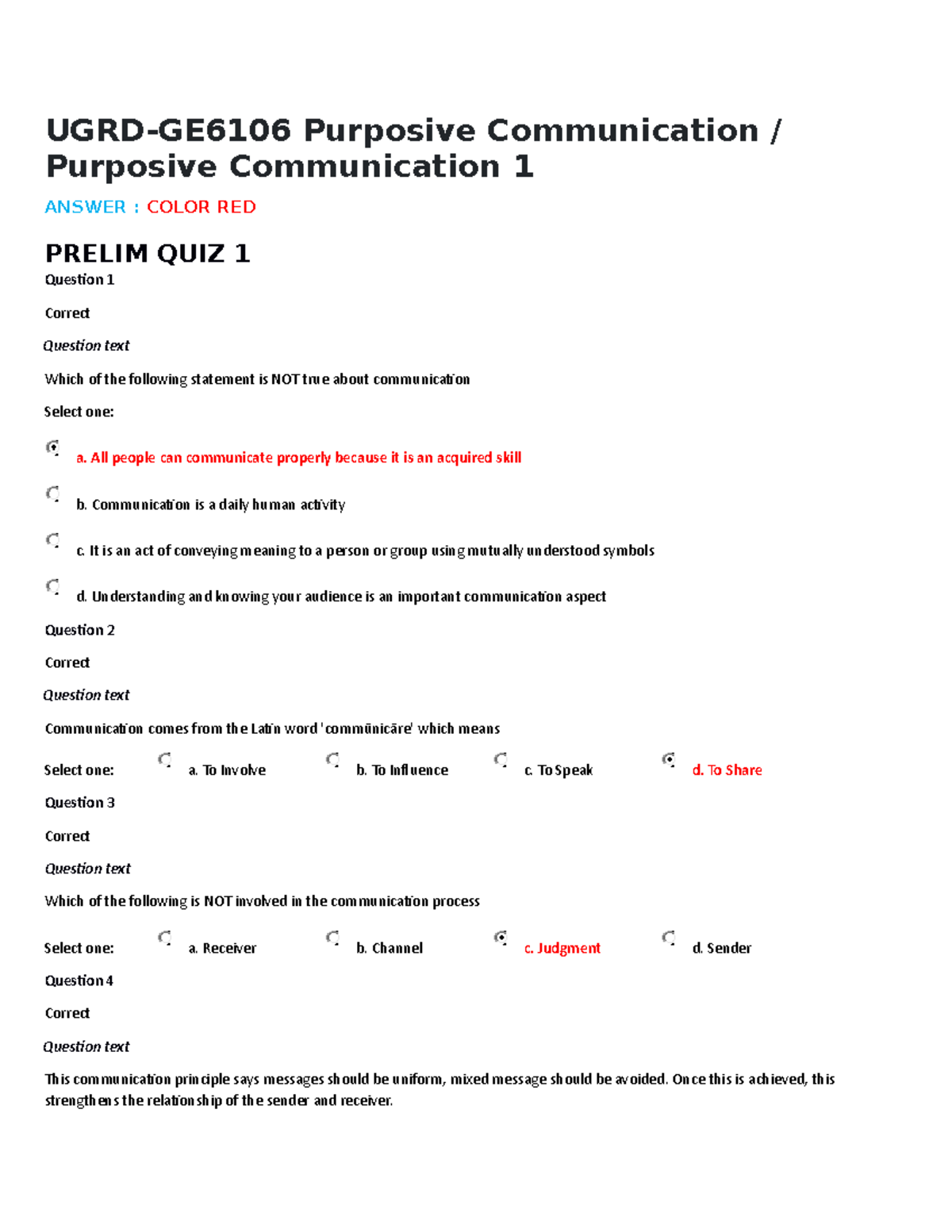 UGRD-GE6106 Purposive Communication 1 Quiz Answers Compilation - Studocu