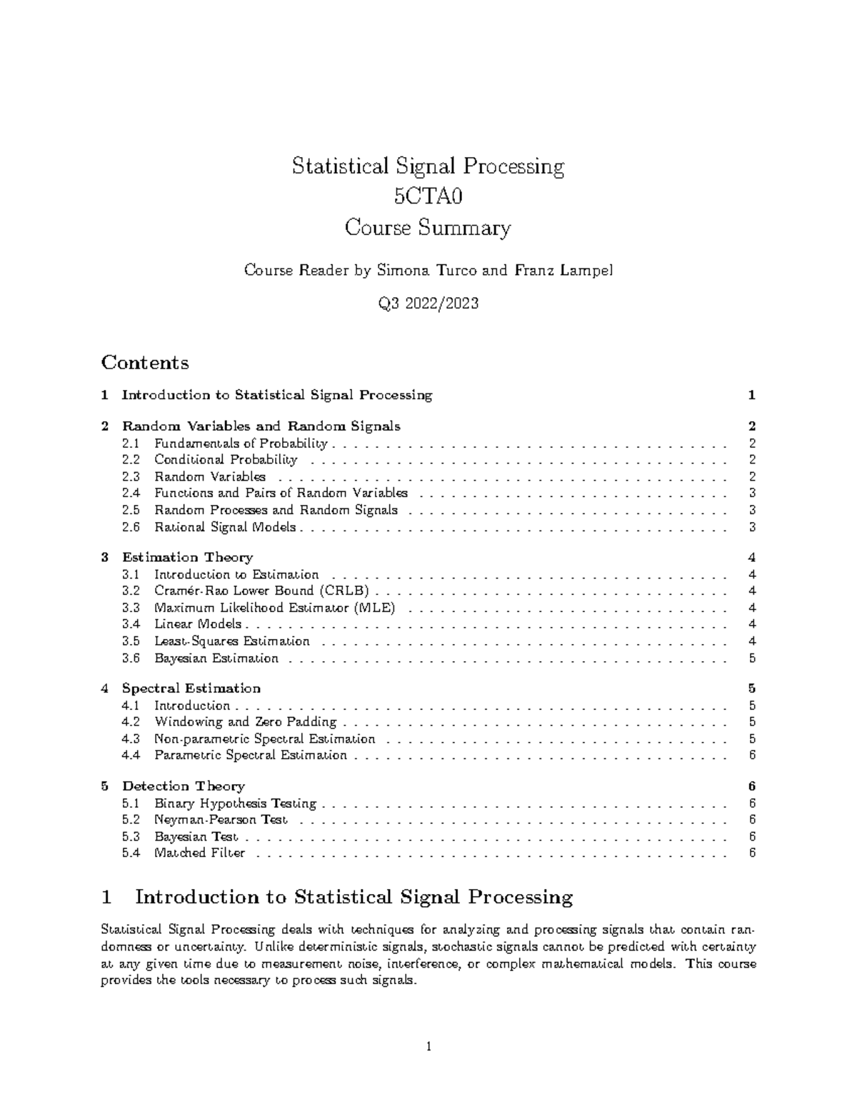Statistical Signal Processing Course Summary (5CTA) - Q3 2022 - Studeersnel