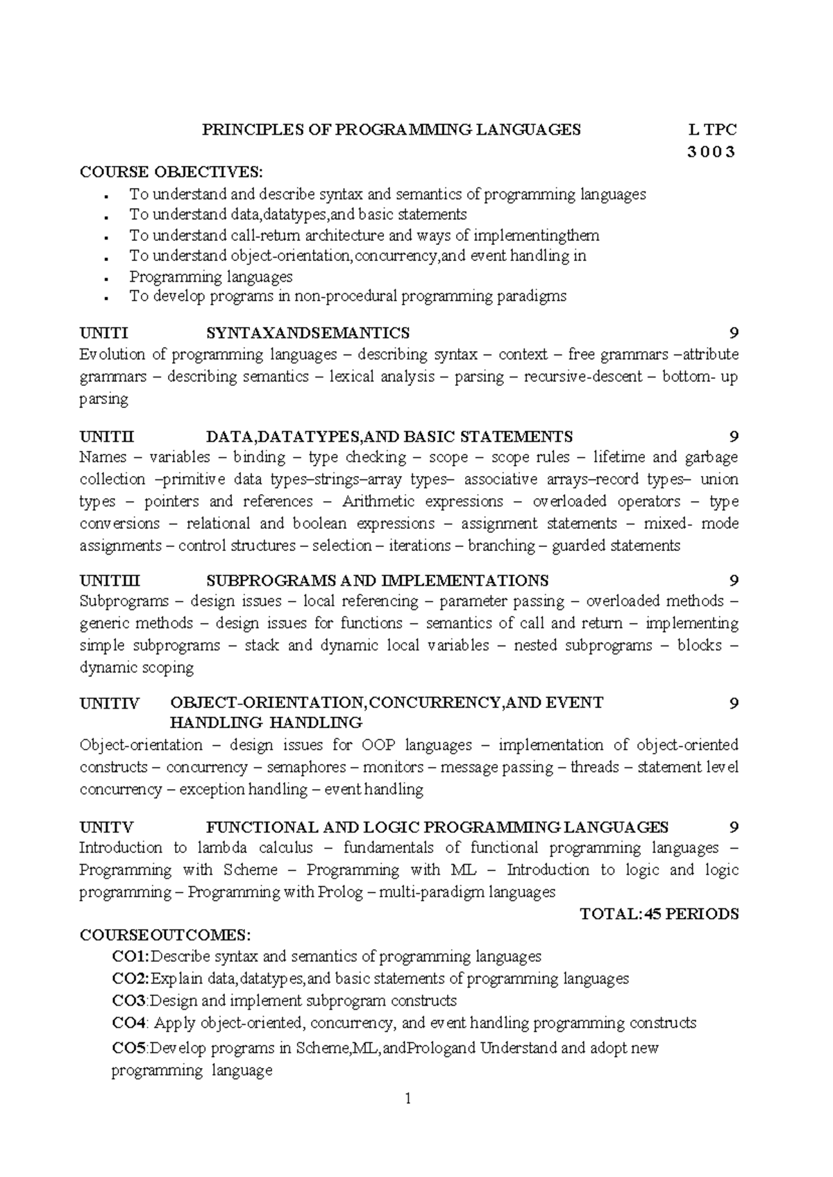Principles of Programming Languages Syllabus (L TPC 3003) - Studocu