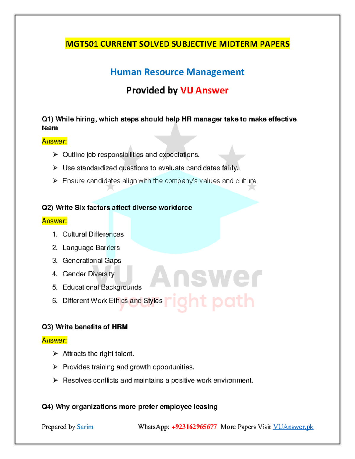 MGT501 Solved Midterm Questions on Human Resource Management by VU ...