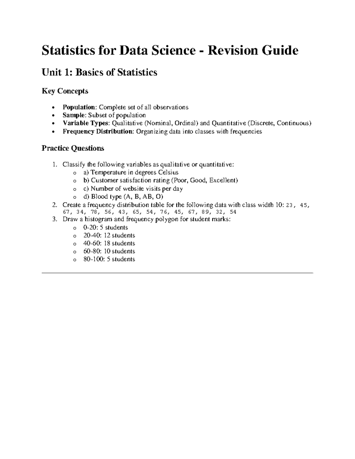 Statistics for Data Science (STAT101) Revision Guide: Key Concepts ...