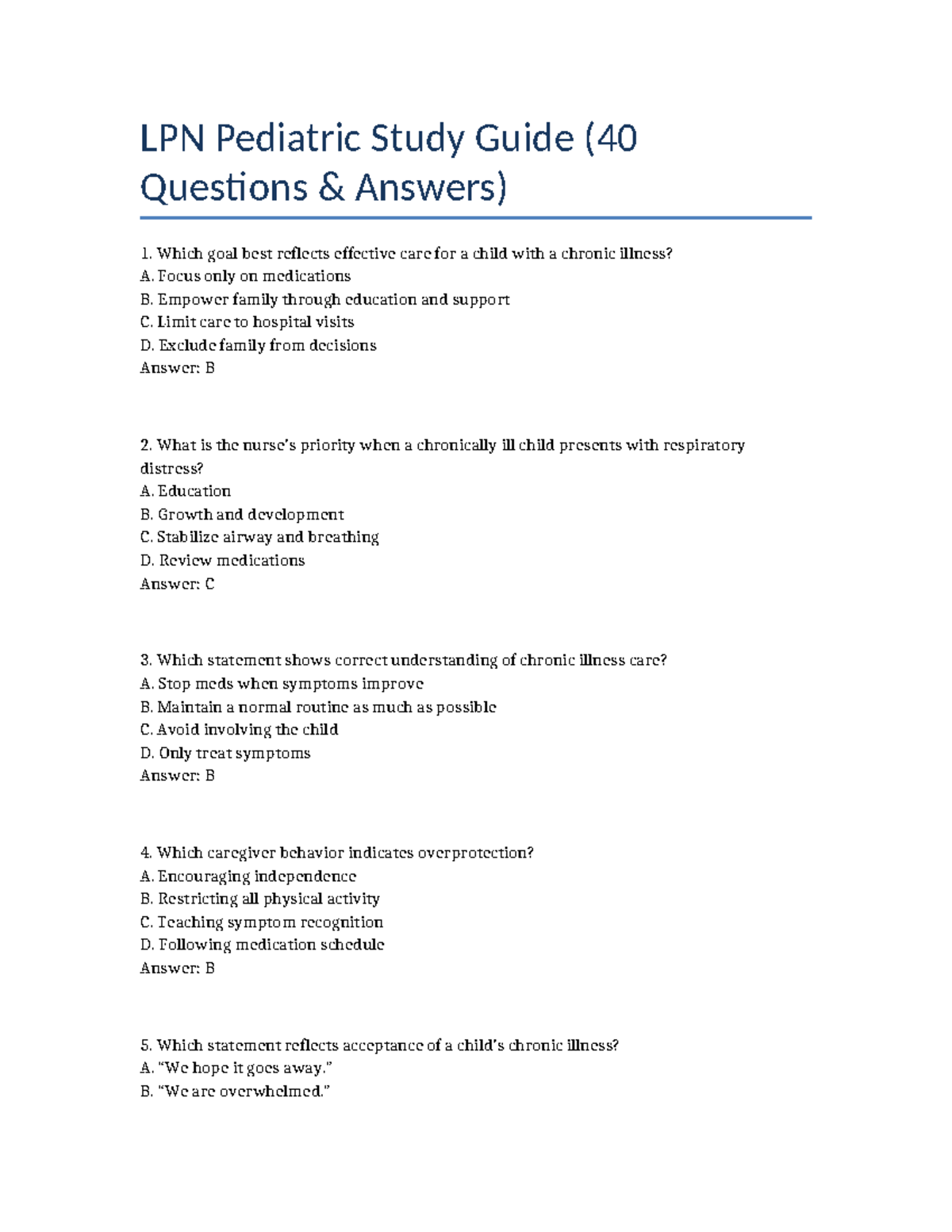 LPN Pediatric Study Guide: Exam 3 (40 Q&A) - Studocu