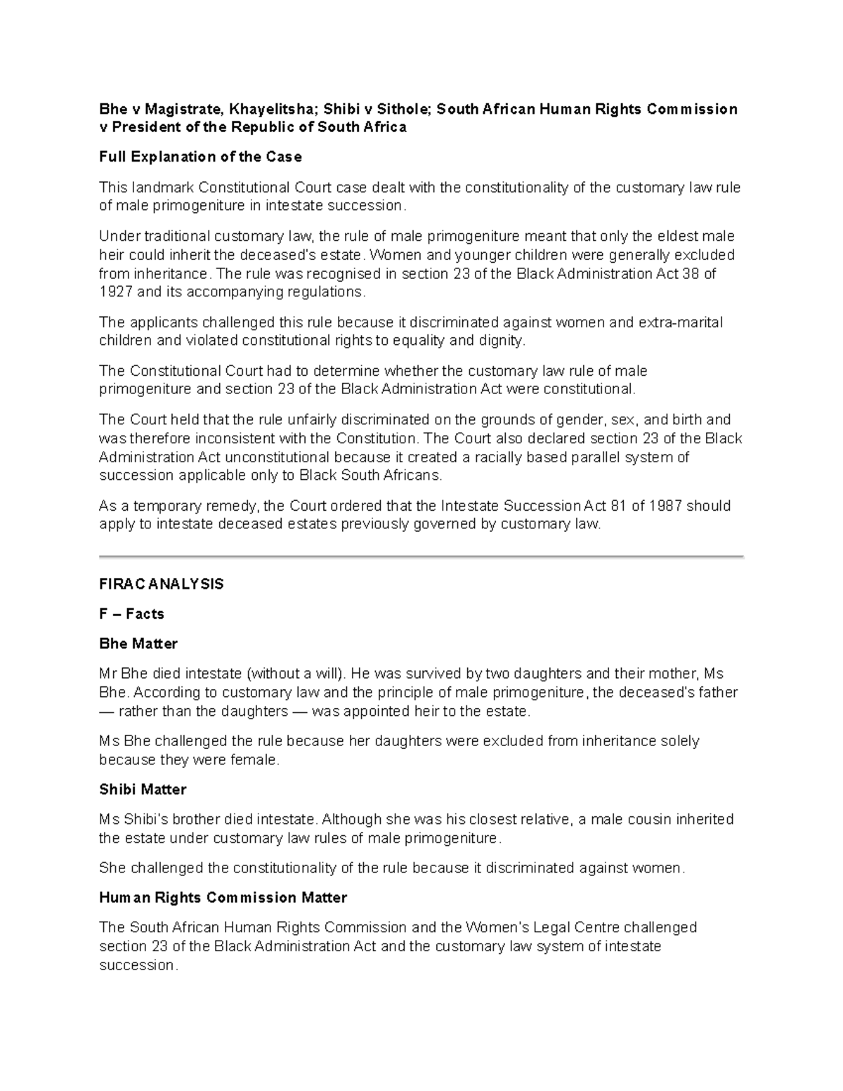 Bhe v Magistrate & Shibi v South African Human Rights Commission: Case ...