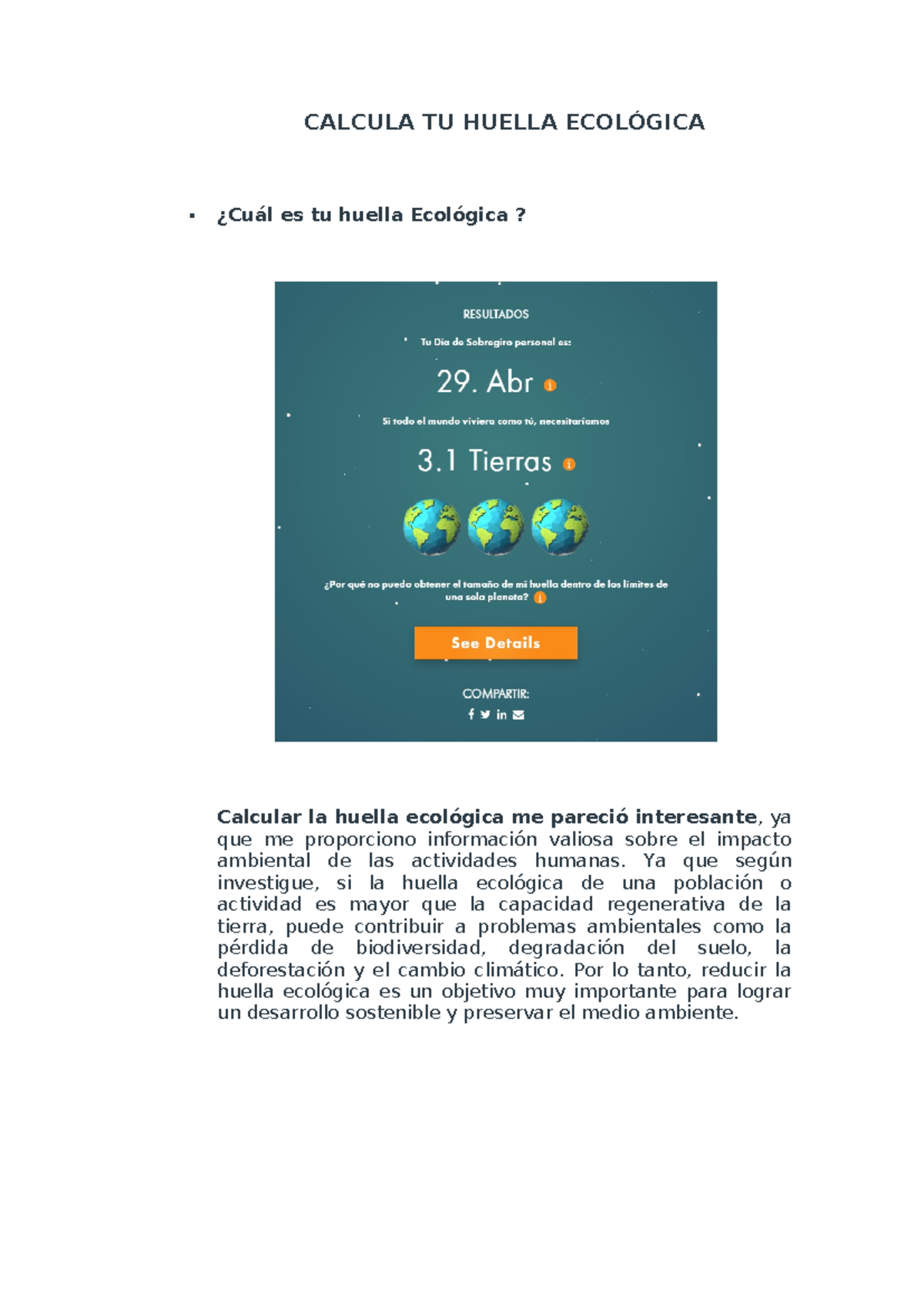 Foro - Cálculo de la Huella Ecológica y su Impacto Ambiental - Studocu