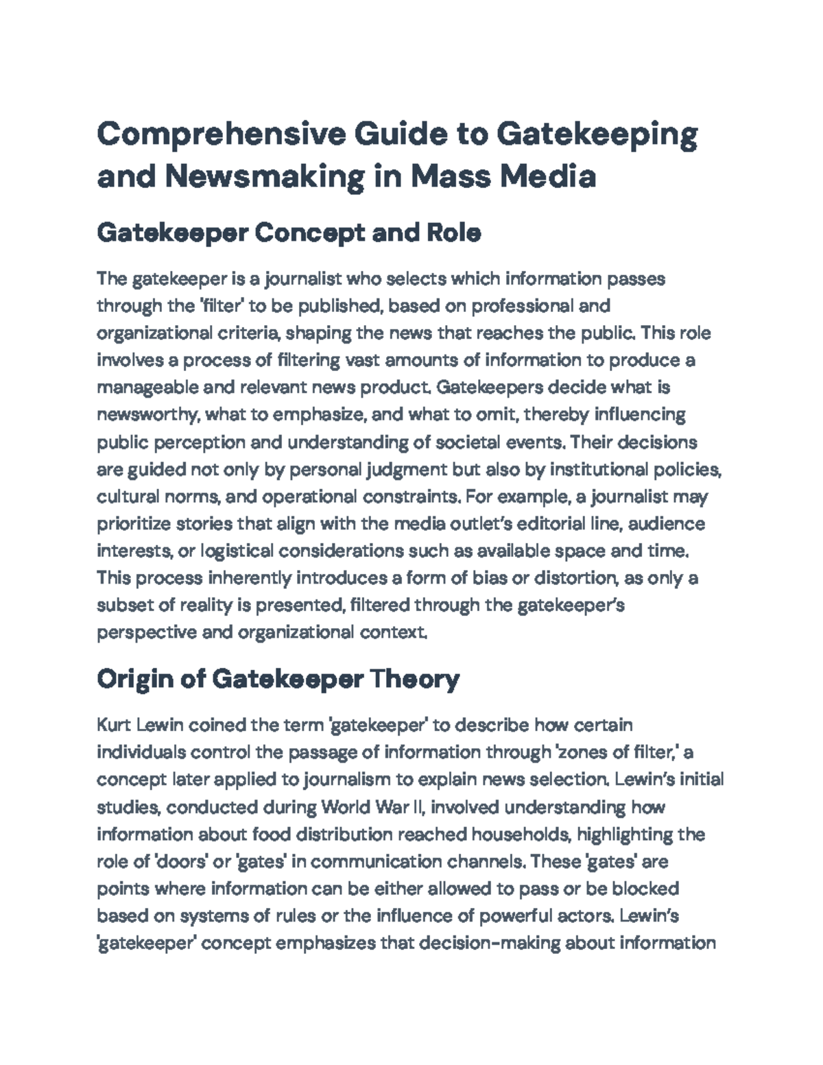 Comprehensive Study on Gatekeeping & Newsmaking in Mass Media - Studocu
