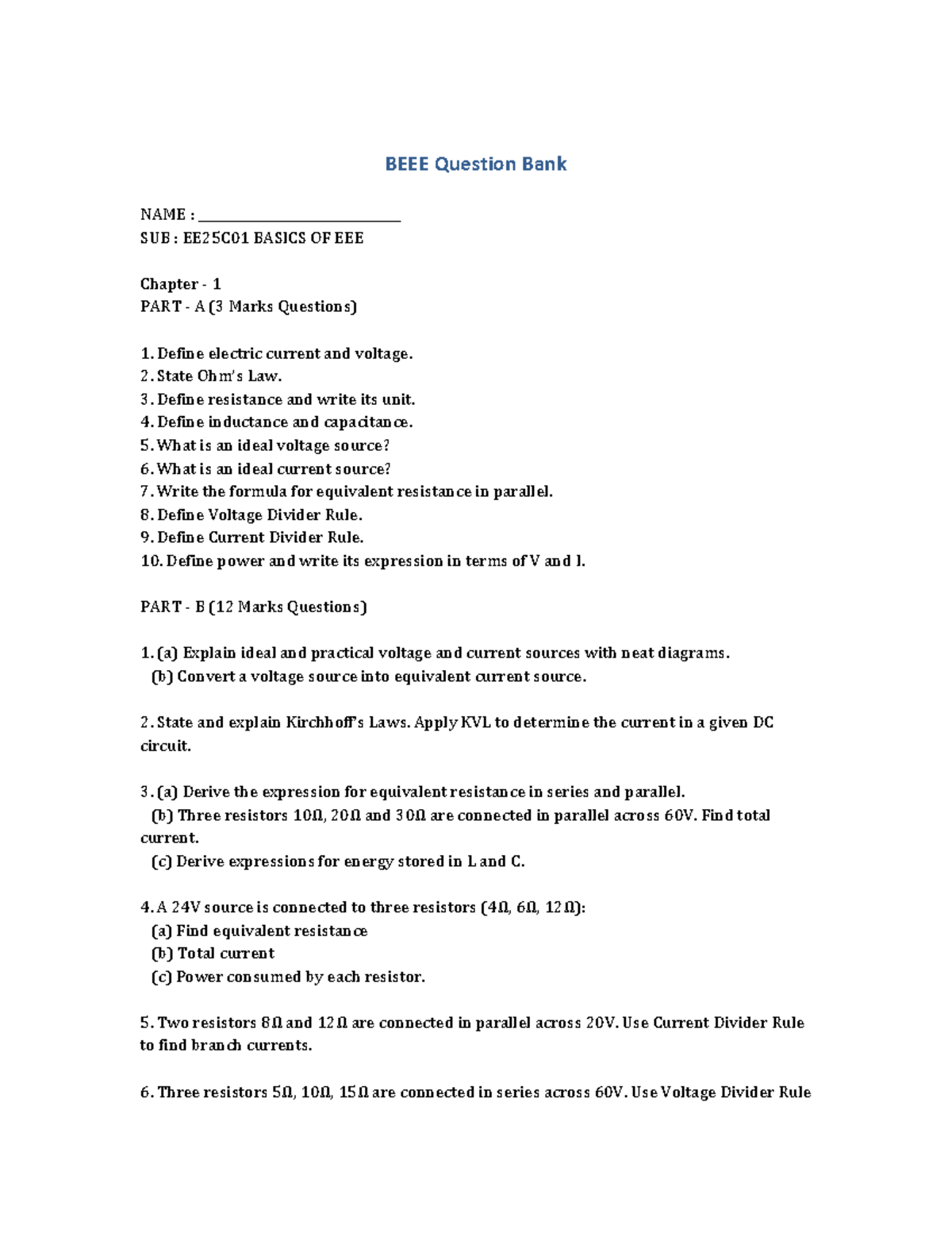 BEEE EE25C01 Basics of Electrical Engineering Question Bank - Studocu