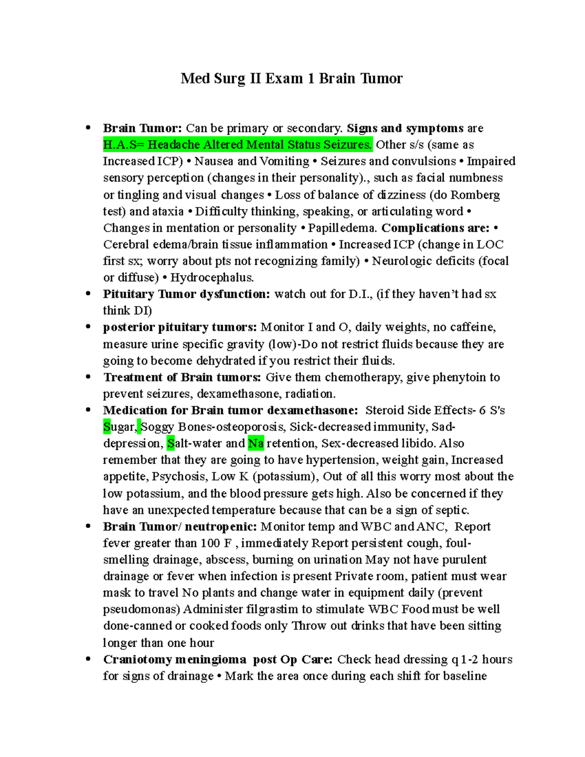 Med Surg II Exam 1: Comprehensive Overview of Brain Tumors and Care ...