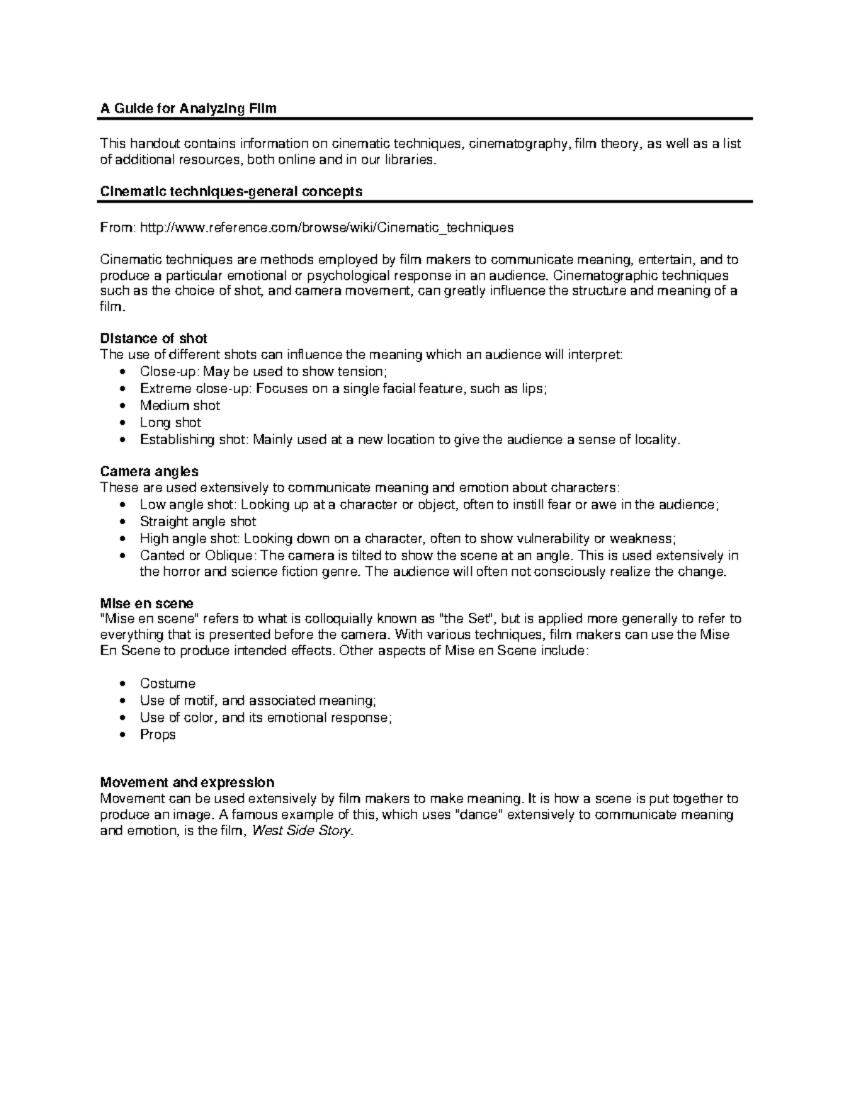 Film Analysis Guide: Techniques, Theories, & Resources for Study - Studocu