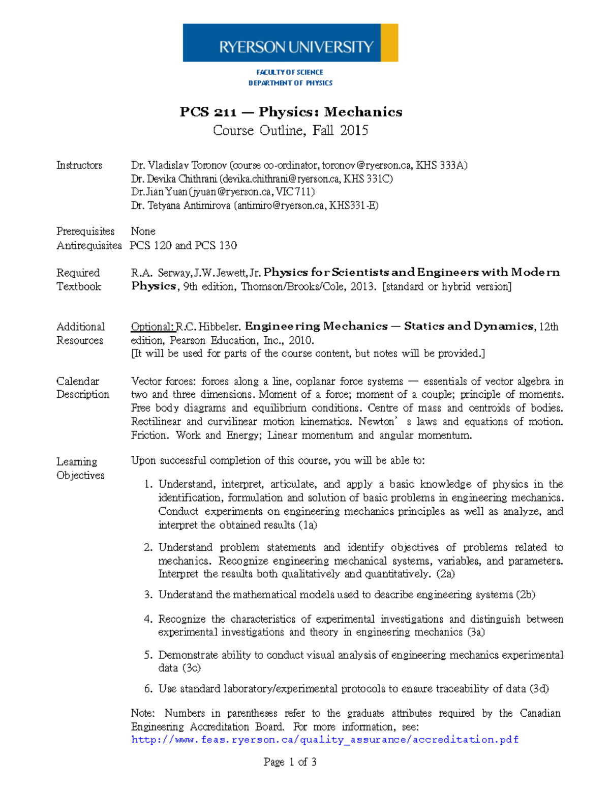 PCS 211 Mechanics Course Outline - Fall 2015 Syllabus & Topics - Studocu