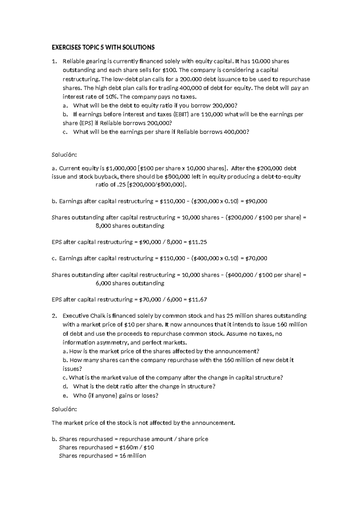 Exercises Topic 5: Capital Structure Analysis with Solutions - Studocu