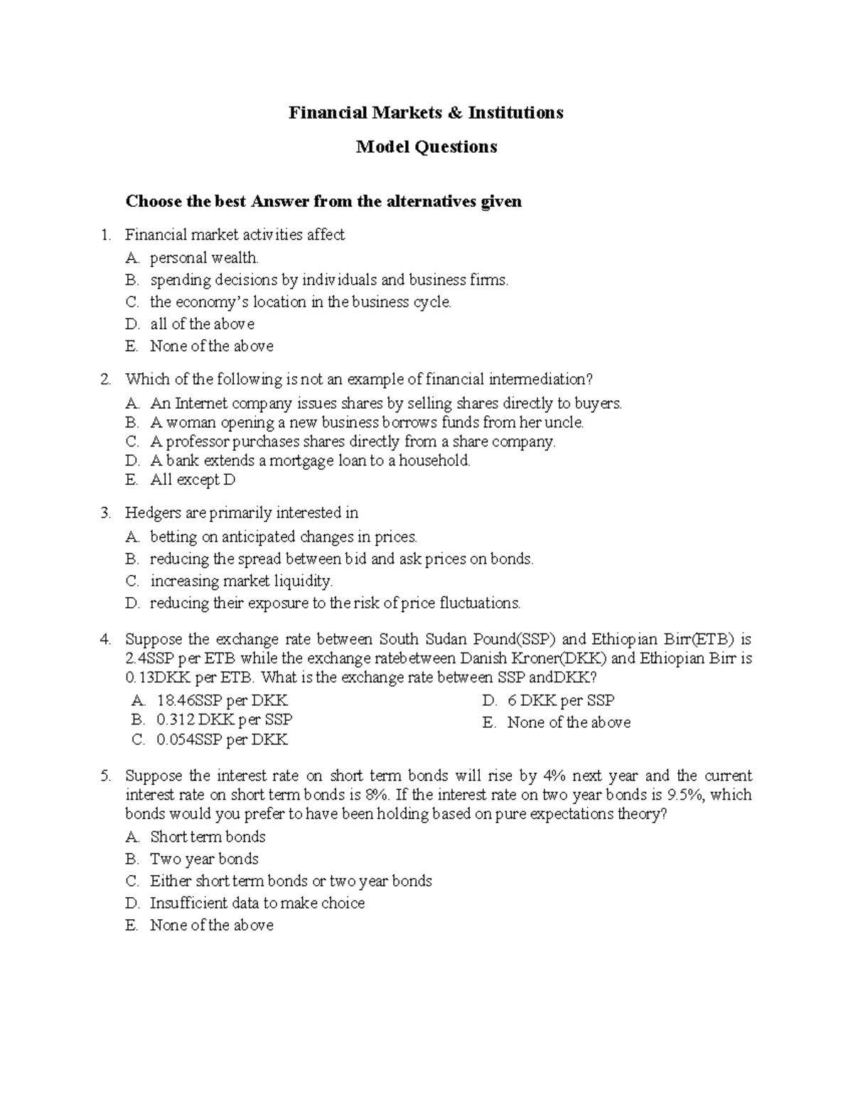 Model Exit Exam - Financial Markets & Institutions (FM 101) - Studocu