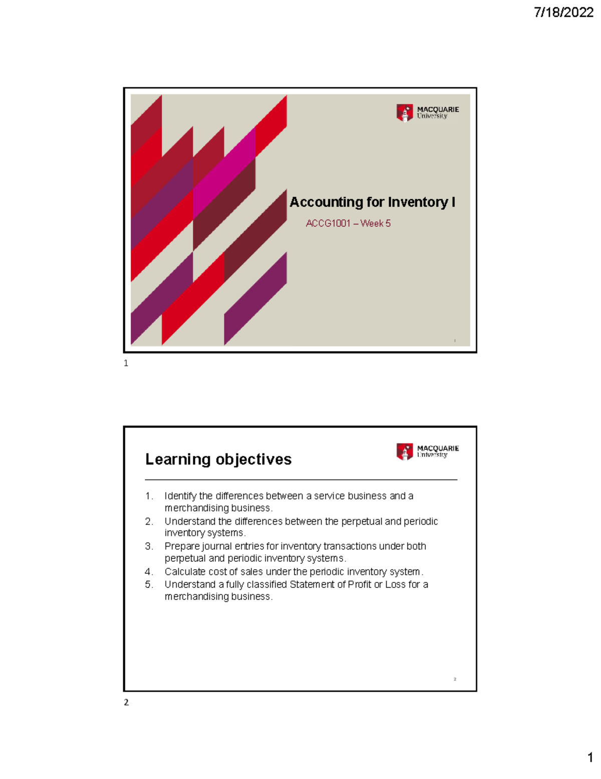 ACCG1001 Week 5 Lecture Notes: Inventory Accounting Concepts - Studocu