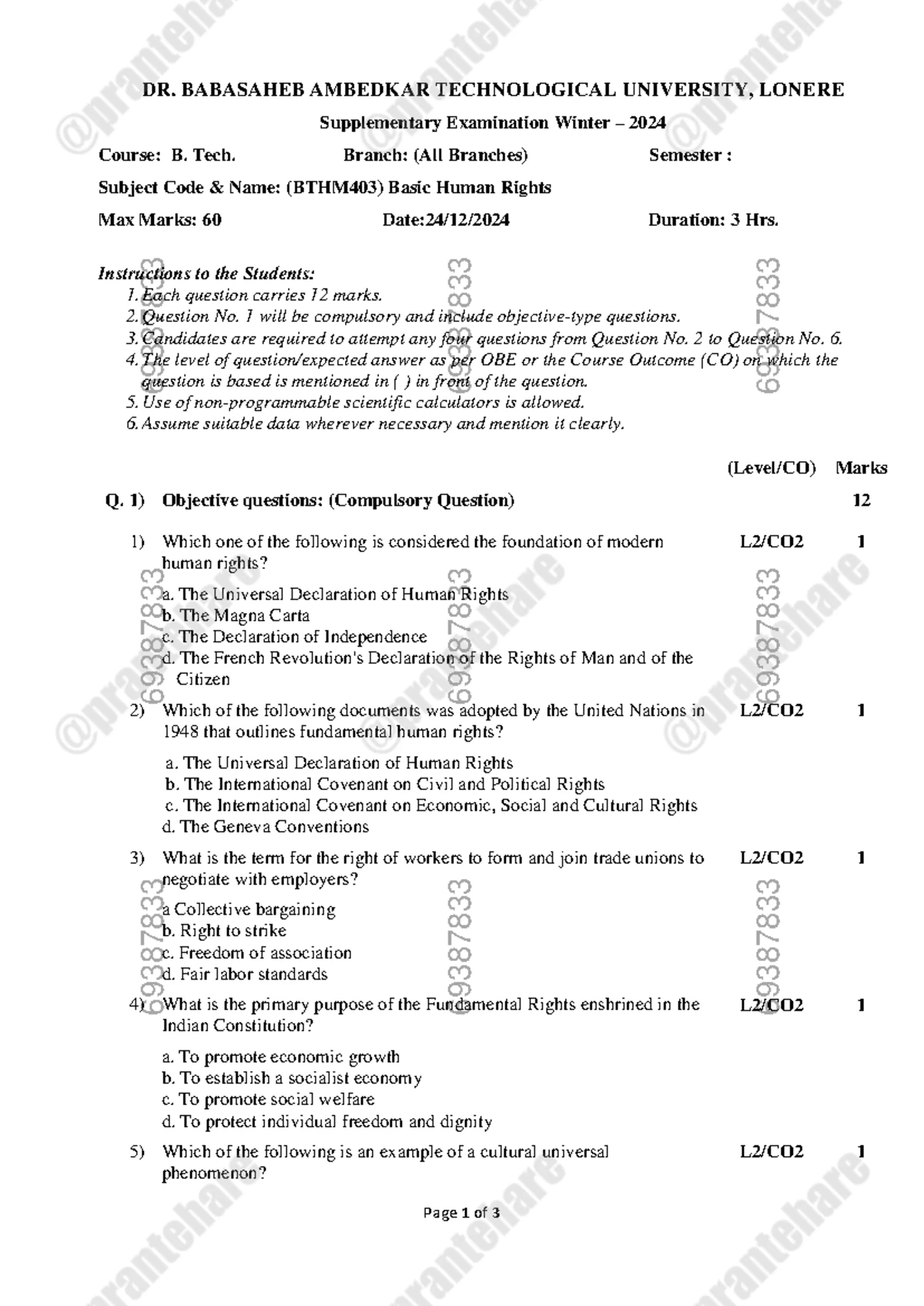 B. Tech. Semester IV Supplementary Exam: Universal Human Values-II ...