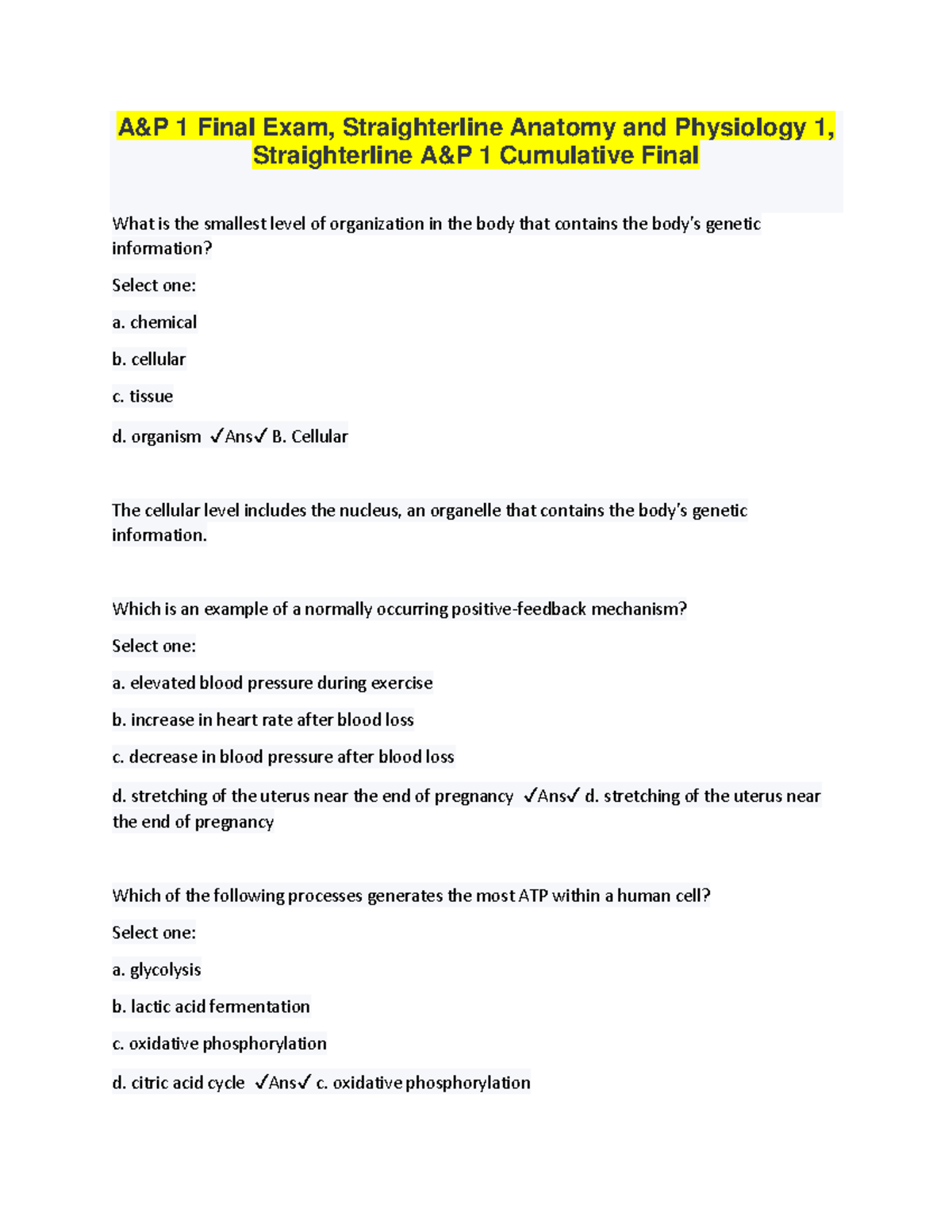 AP 1 Final Exam Study Guide: Anatomy & Physiology 1 (Updated 2023 ...