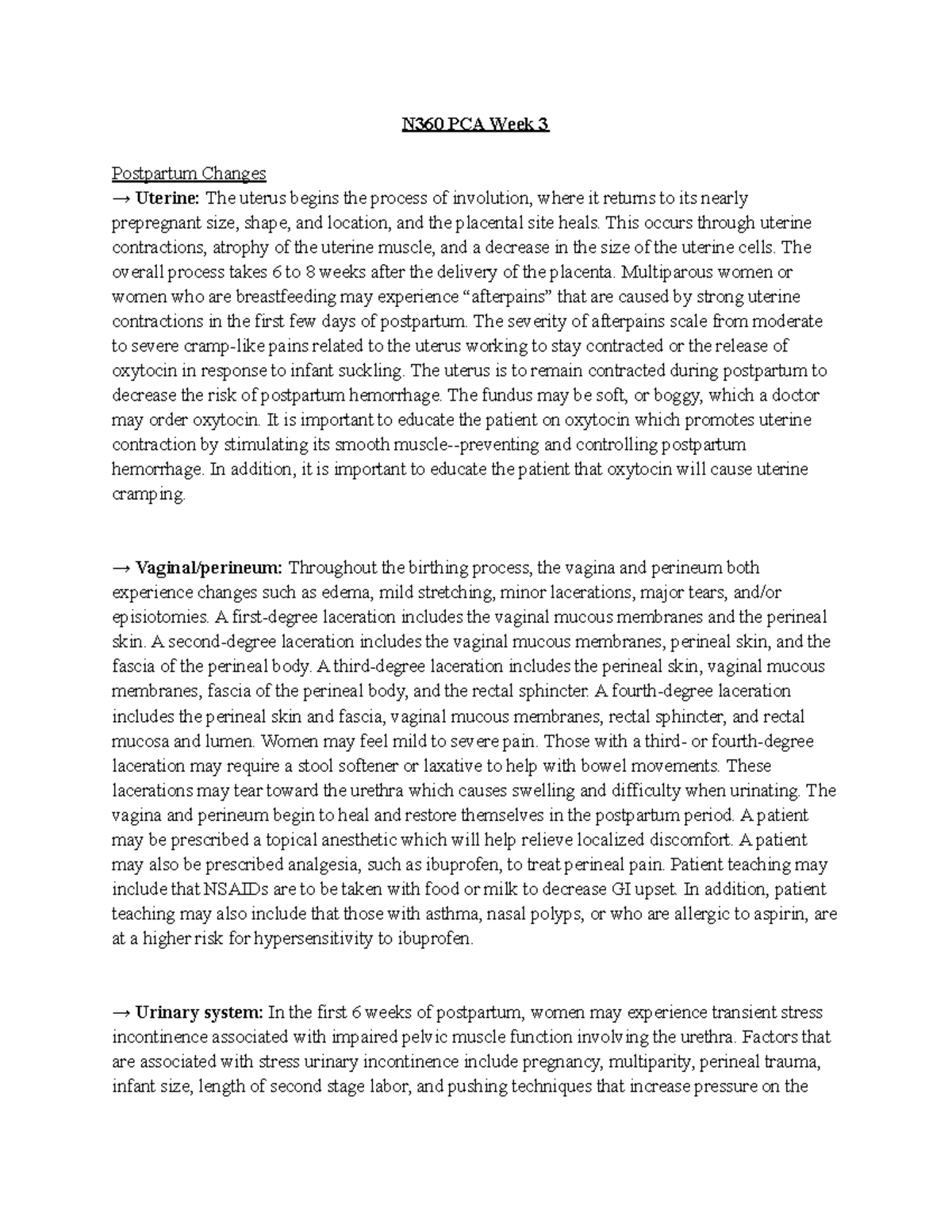 N306 Pre Class Assignment Week 3 - N360 PCA Week 3 Postpartum Changes → ...