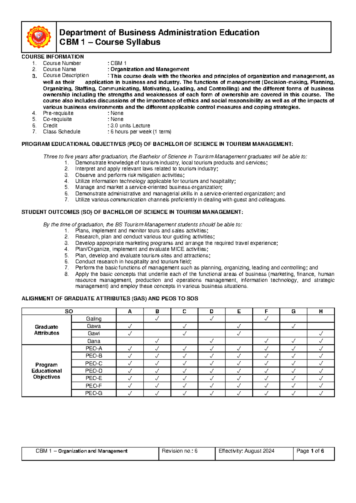 CBM-1 Organization and Management Course Syllabus Overview - Studocu
