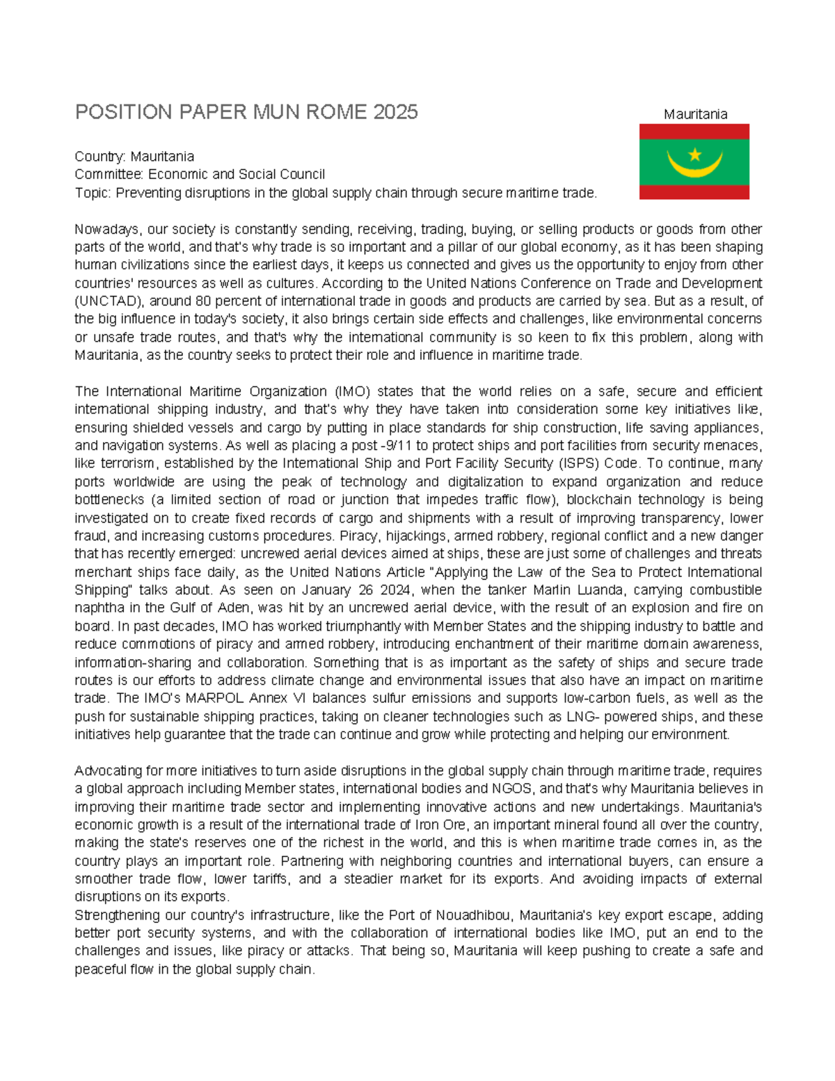 Position Paper MUN ROME 2025: Mauritania's Stance on Global Supply ...