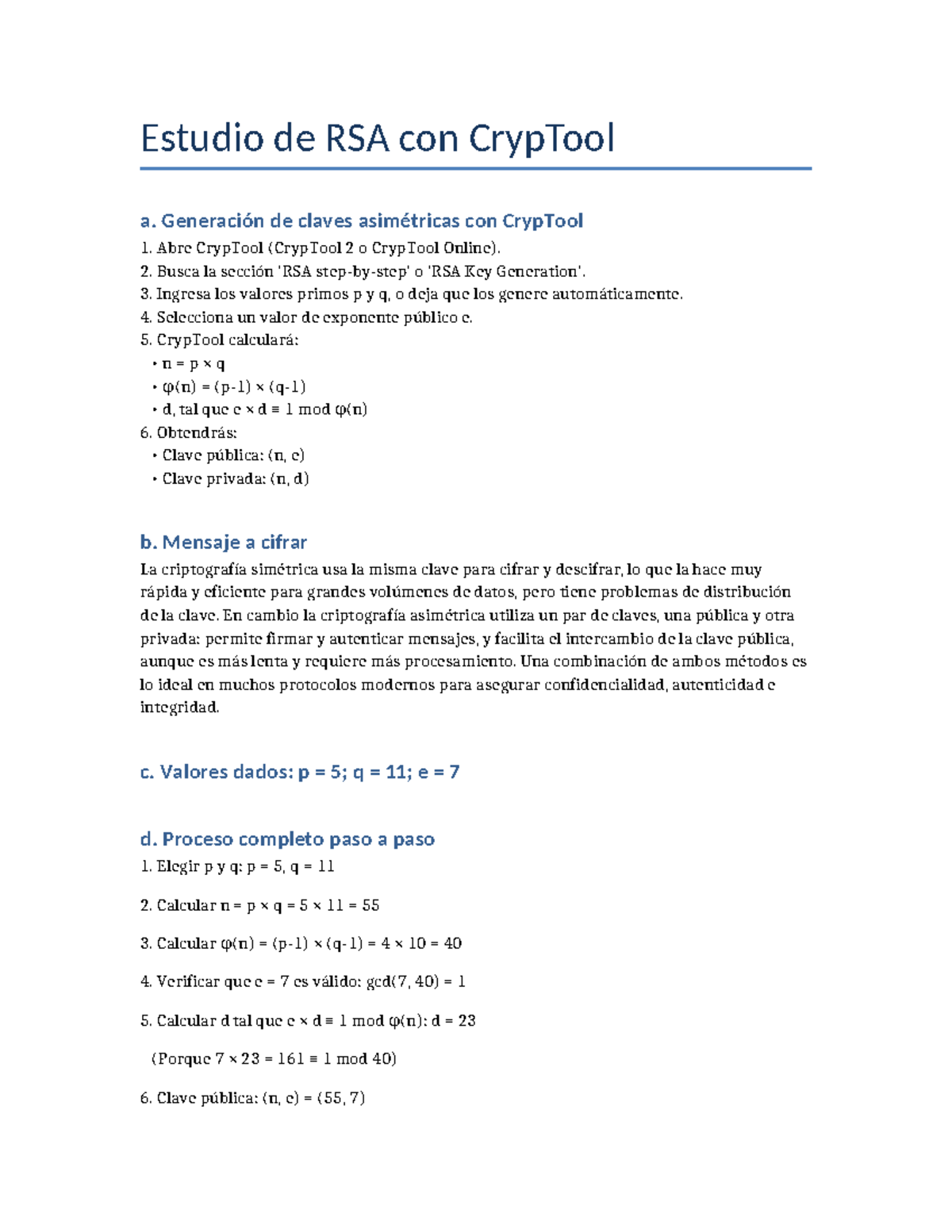 Estudio RSA con CrypTool: Generación de Claves Asimétricas - Studocu