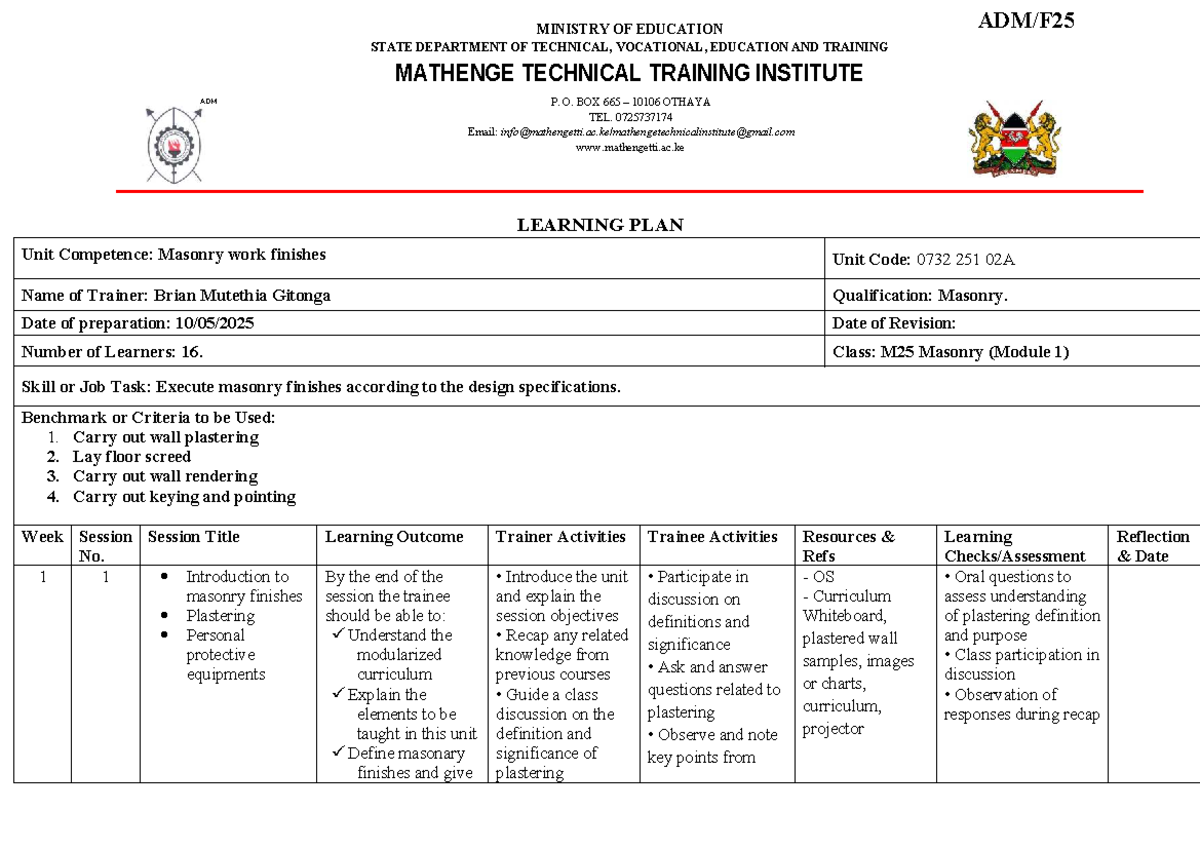 J25M25 Learning Plan: Masonry Finishes Module 1 - Studocu