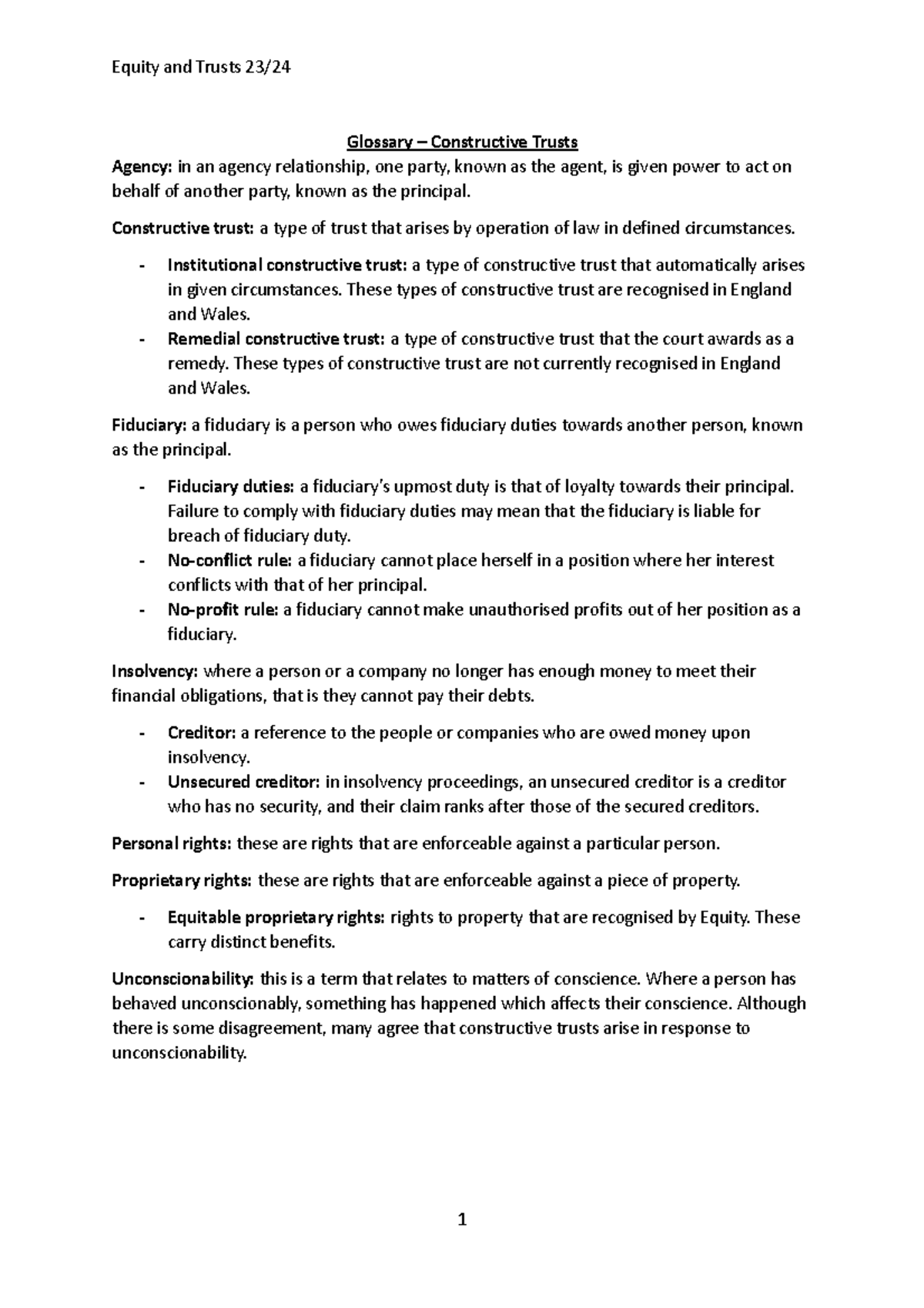 Glossary of Constructive Trusts - Equity and Trusts 23 - Studocu