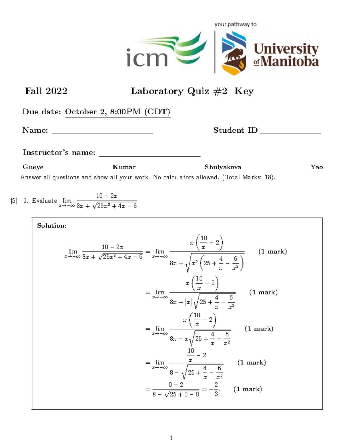 Quiz 2 Solutions for Fall 2022 Laboratory Exam Key - Studocu
