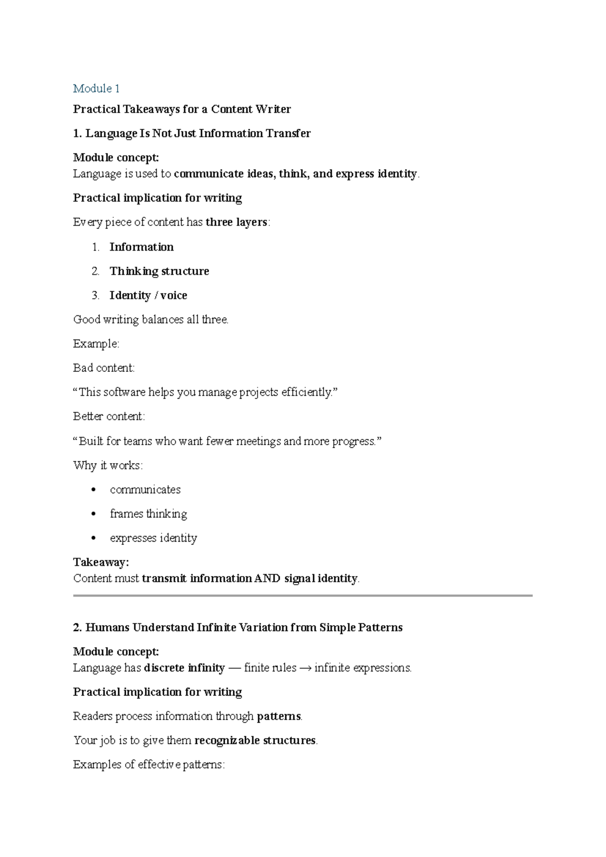 Practical Takeaways for a Content Writer: Module 1 Insights - Studocu