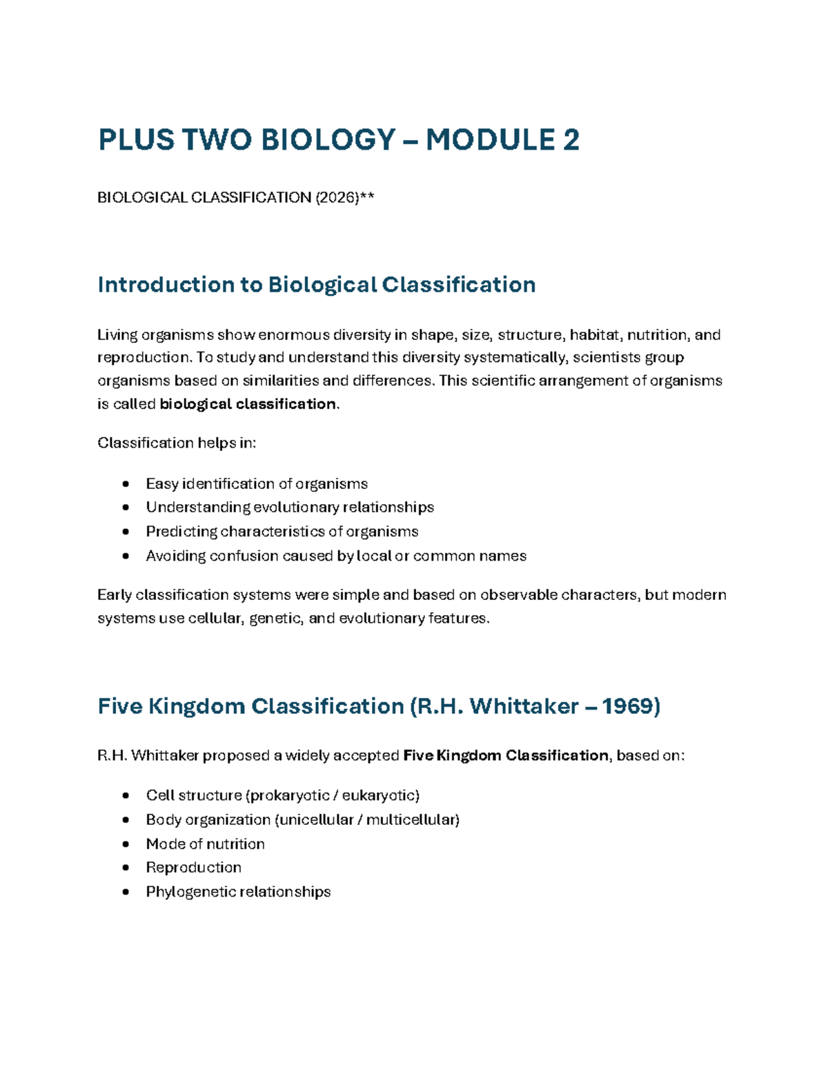 PLUS TWO BIOLOGY MODULE 2: BIOLOGICAL CLASSIFICATION NOTES - Studocu