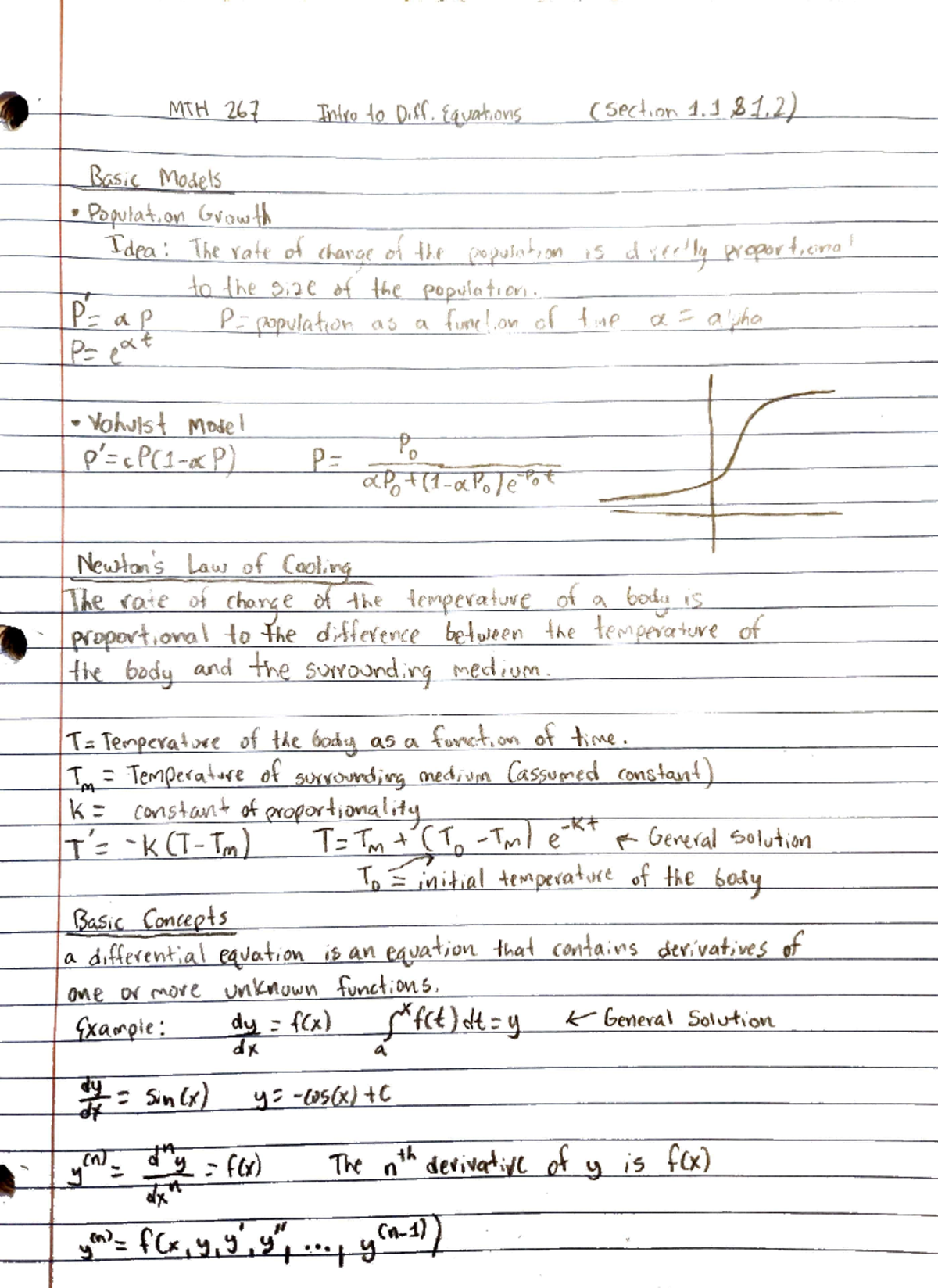 MTH 267 Lecture Notes: Chapters 1.1 & 1.2 - Diff. Equations Overview ...