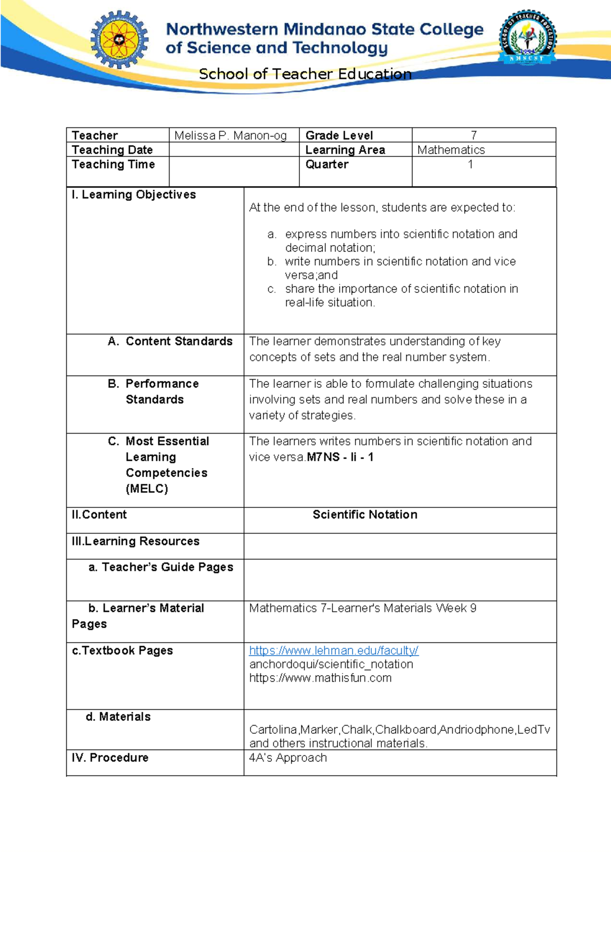 LP-Scientific Notation Lesson Plan for Grade 7 Mathematics - Studocu