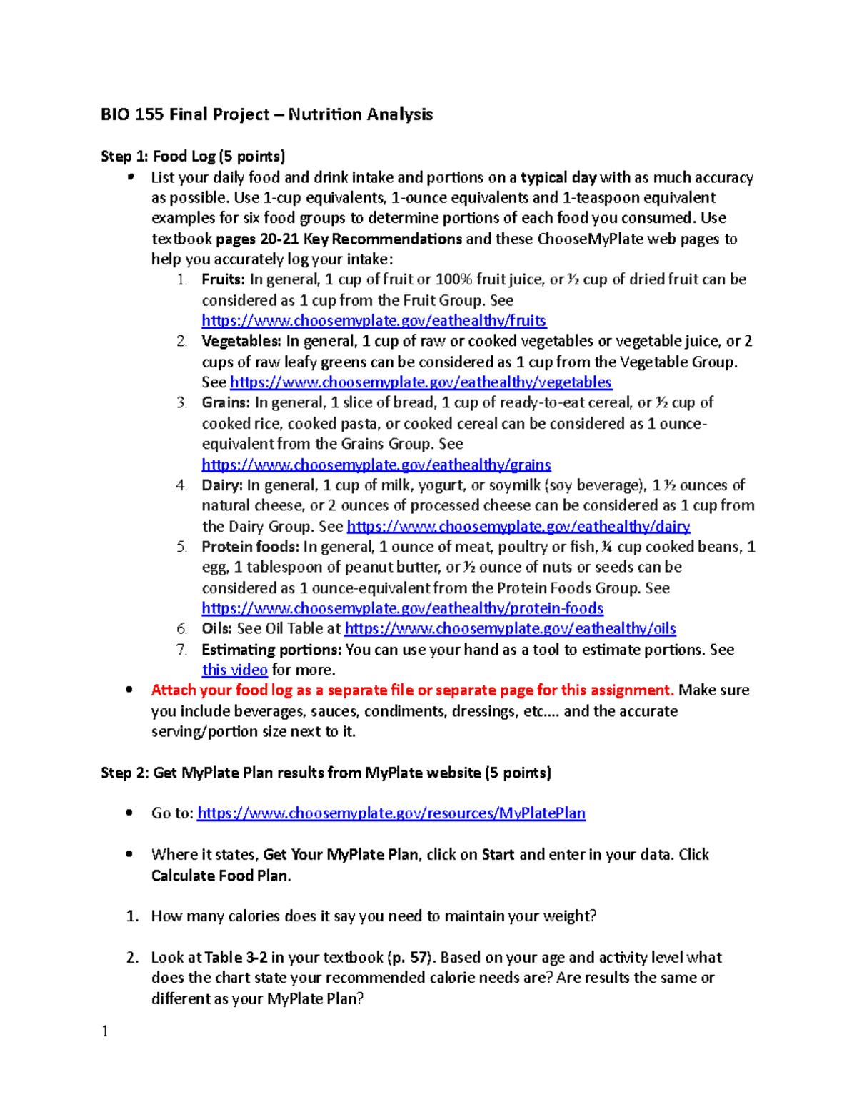 Final BIO 155 Nutrition Analysis Project Guidelines - Studocu