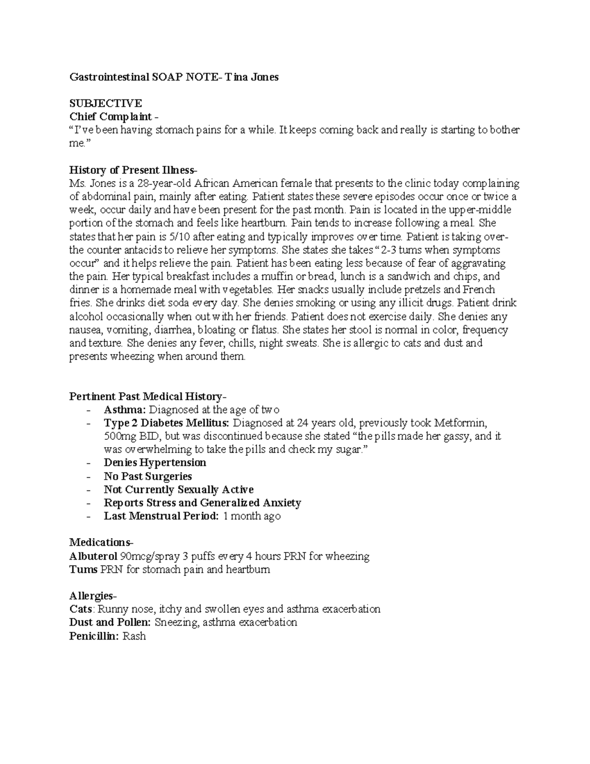 Gastrointestinal SOAP Note for Tina Jones - 2024 GI Case Study - Studocu