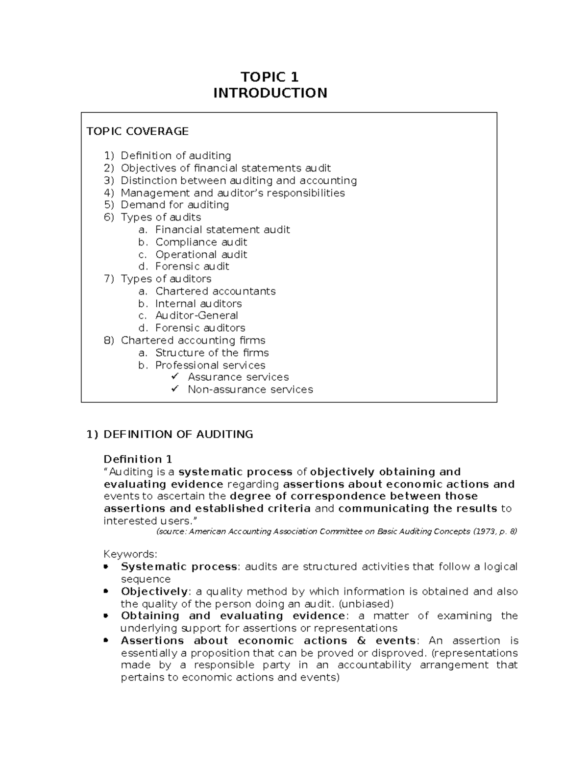 AUD 101: Introduction to Auditing - Key Concepts and Definitions - Studocu
