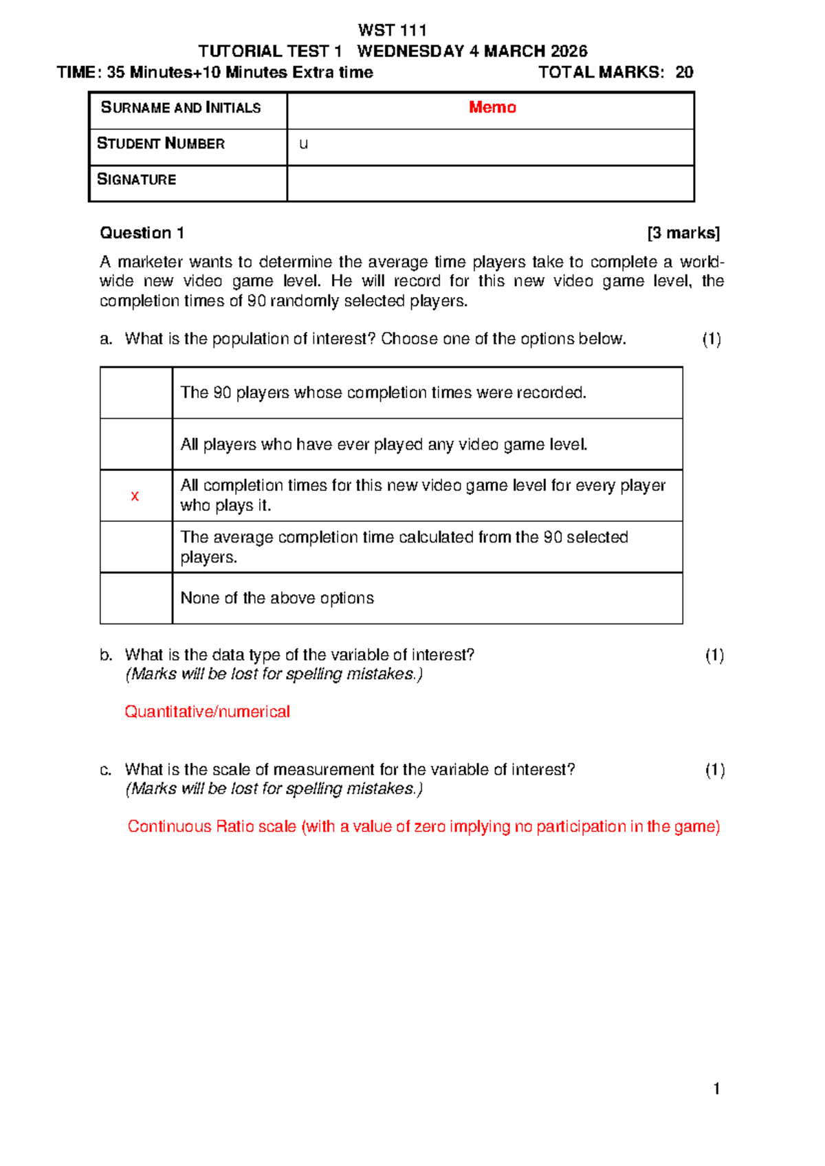 WST Tutorial Test 1 Memo - March 4, 2026 - Studocu