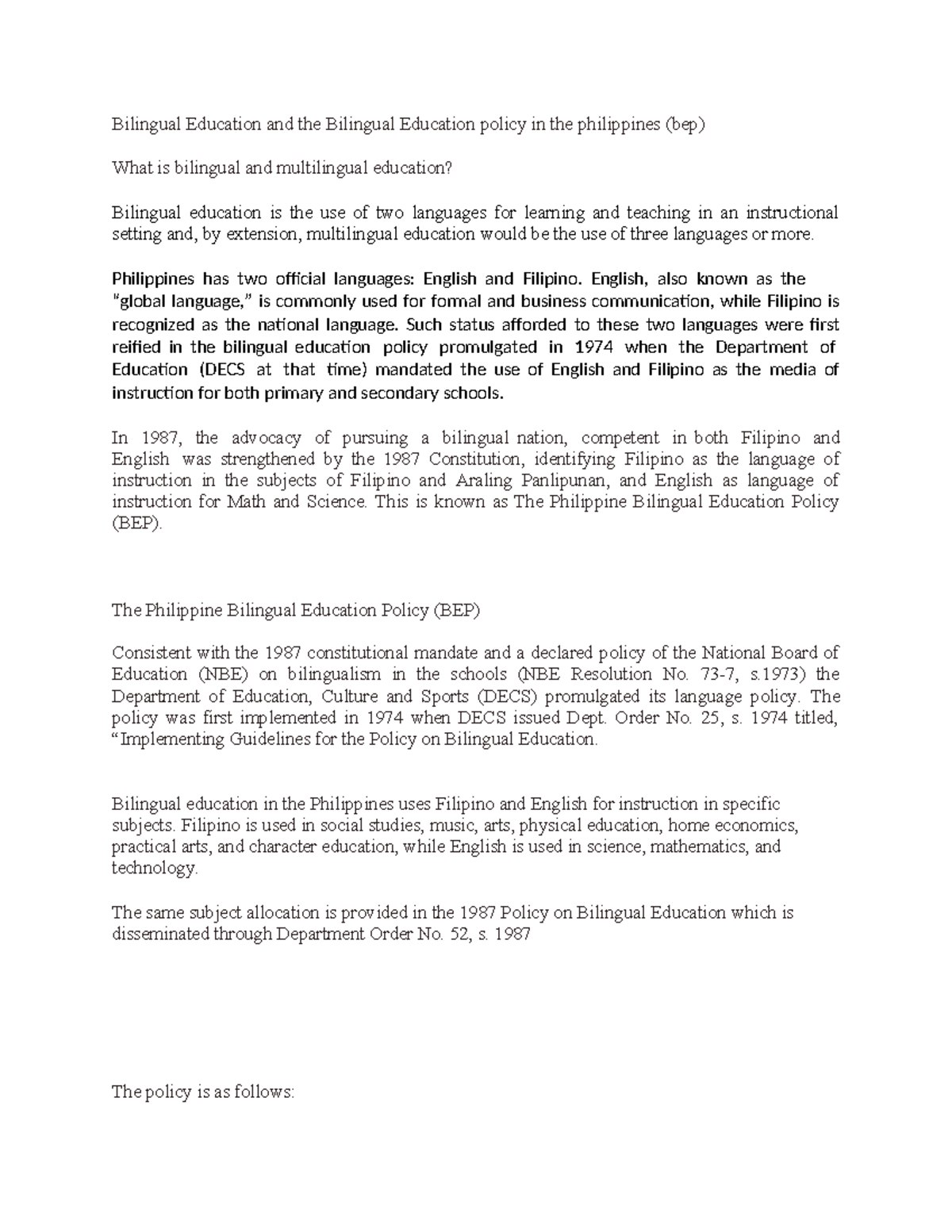 BEP Case Study: Bilingual Education Policy in the Philippines - Studocu