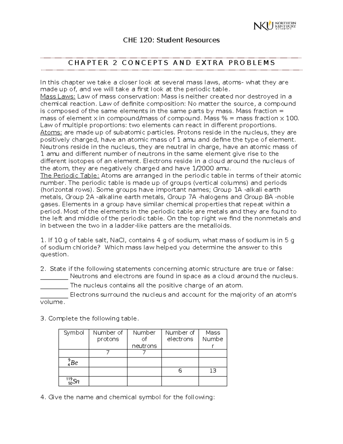 CHE 120: Chapter 2 Concepts and Extra Problems on Mass Laws and Atoms ...