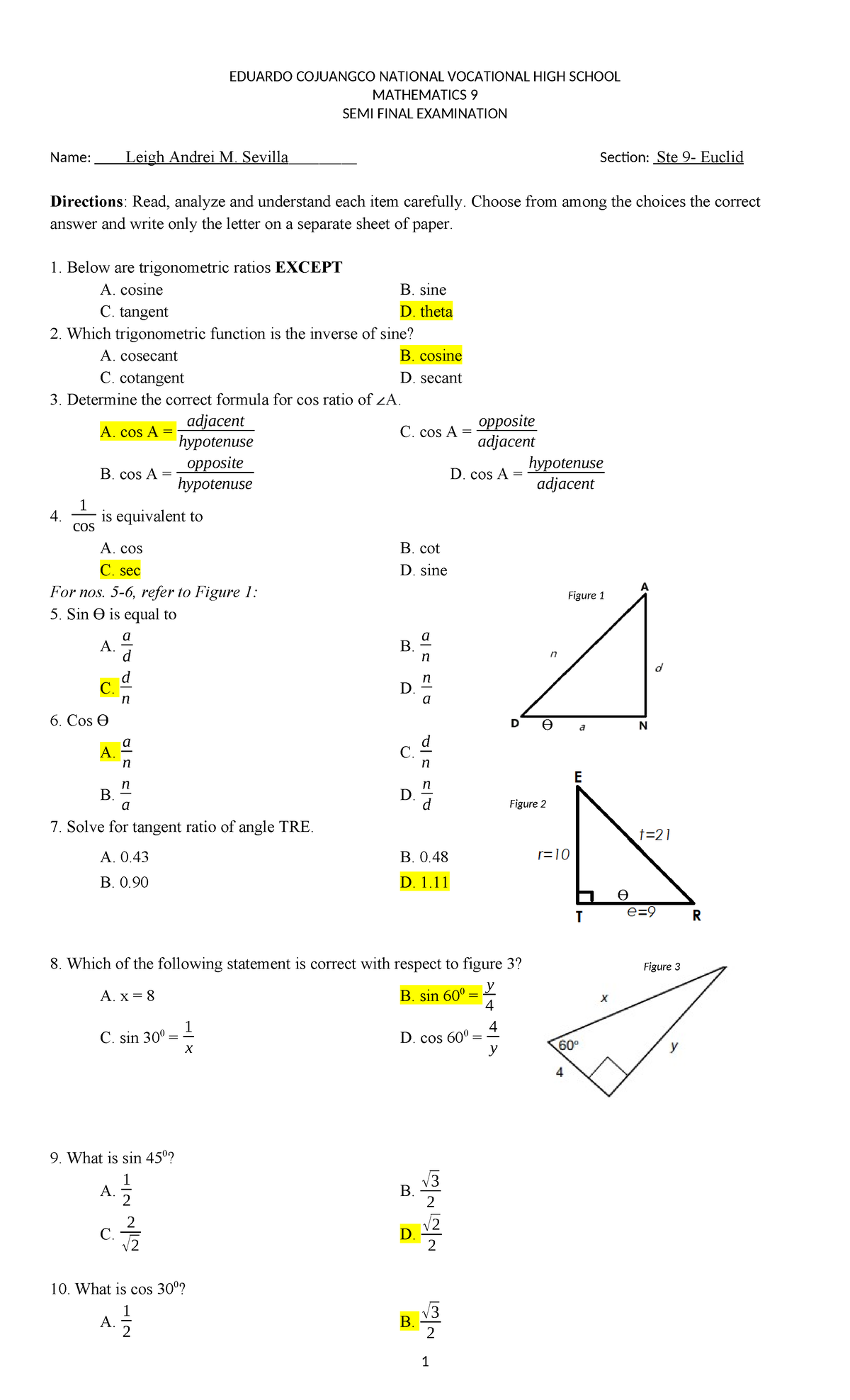MATH9 Semi-Final Exam Focused on Trigonometric Ratios and Laws - Studocu