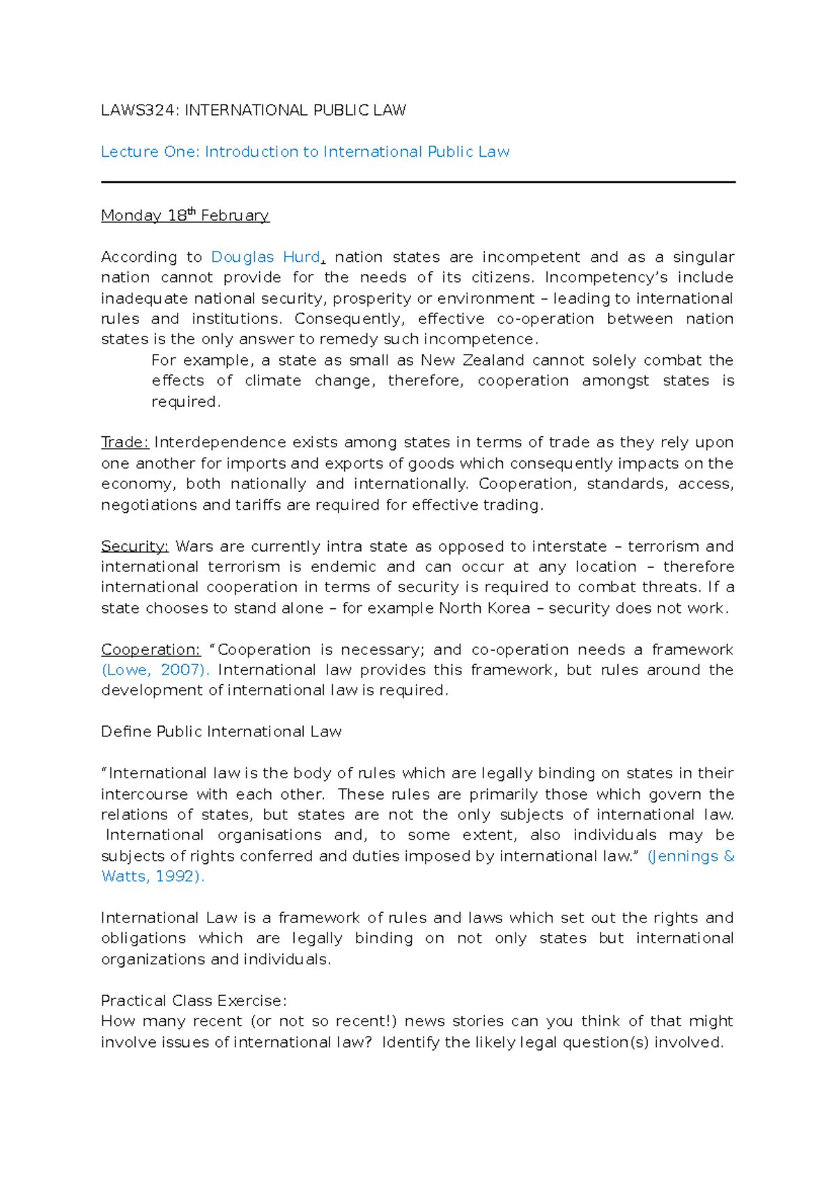 LAWS324: International Public Law Lecture Notes Overview - Studocu