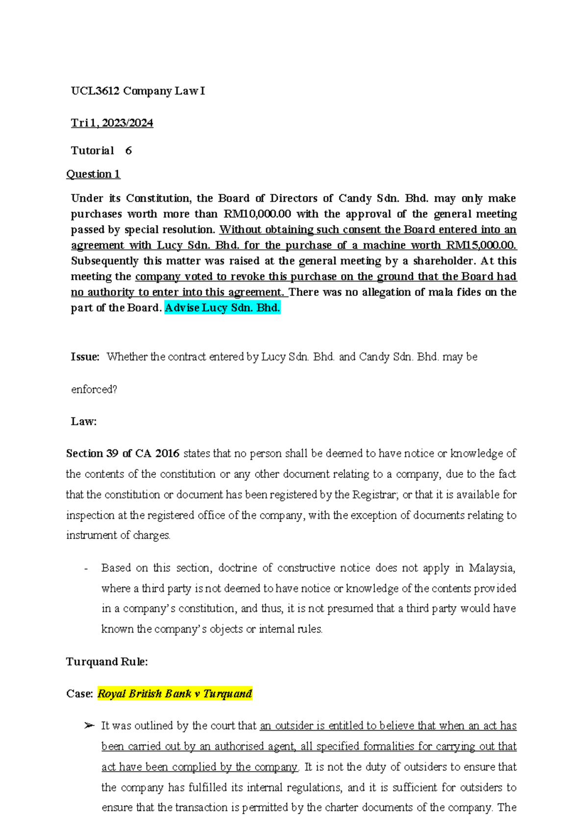 UCL3612 Company Law I Tutorial 6 (done) - UCL3612 Company Law I Tri 1 ...